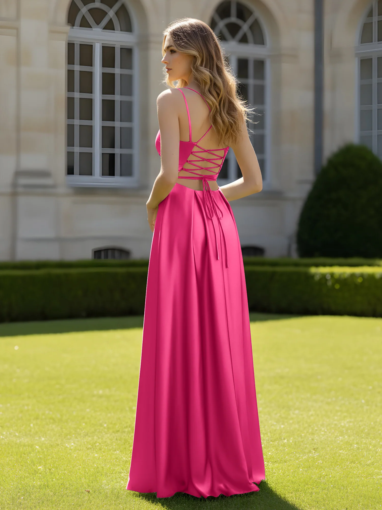 Pleated Sweetheart Neck A-Line Dress With Slit Fuchsia - Image 2