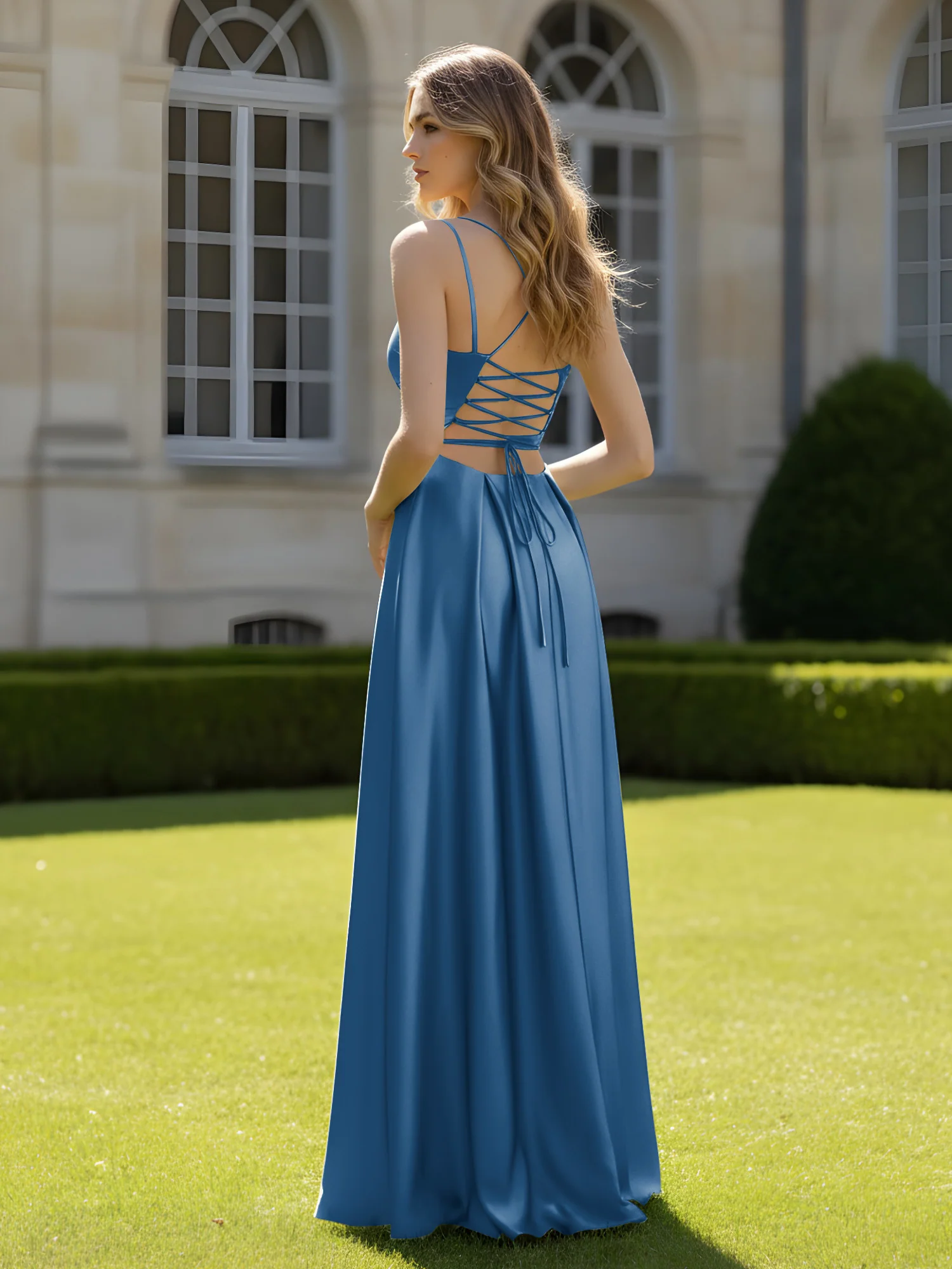 Pleated Sweetheart Neck A-Line Dress With Slit Ink Blue - Image 2