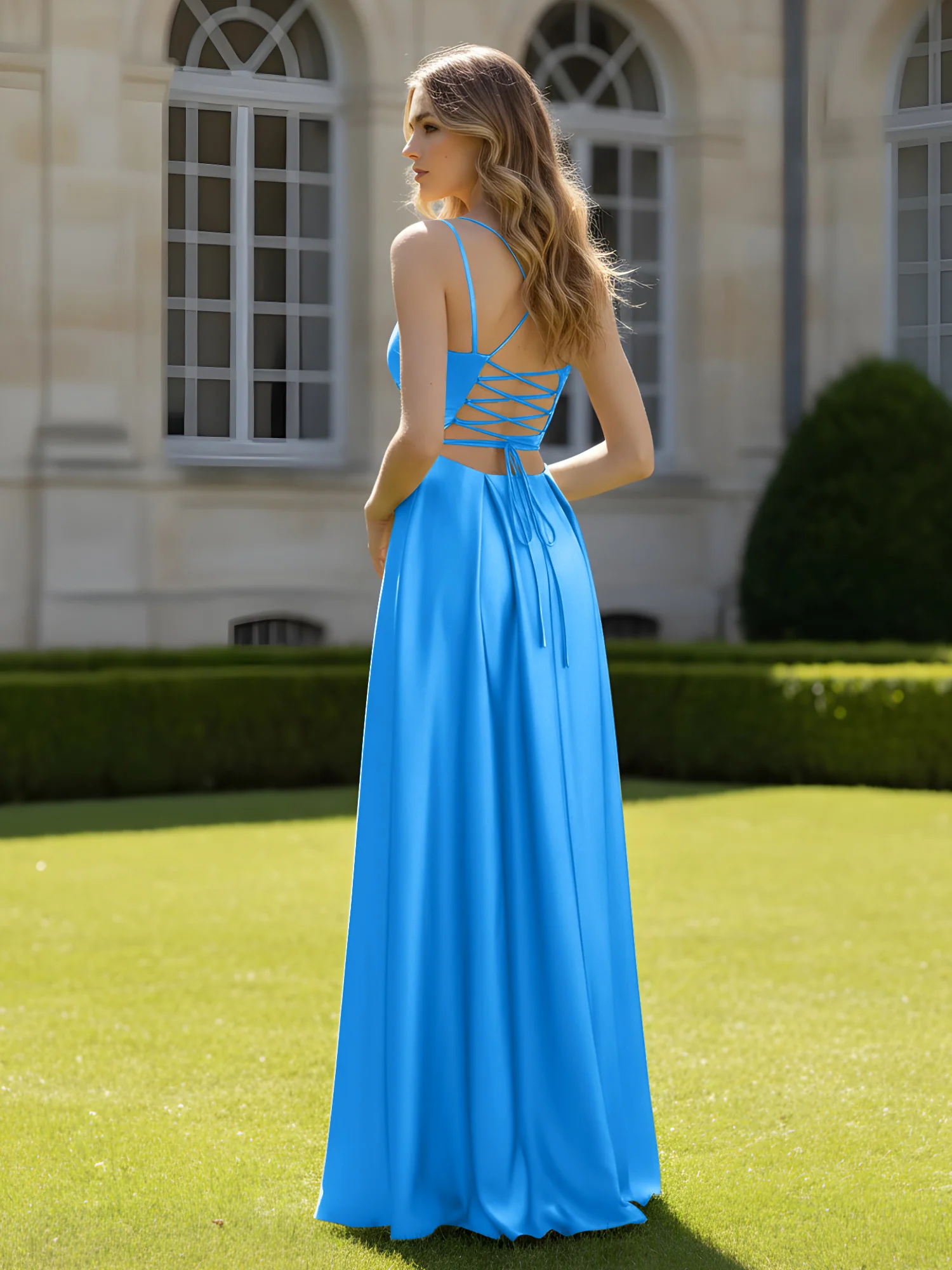 Pleated Sweetheart Neck A-Line Dress With Slit Ocean Blue - Image 2