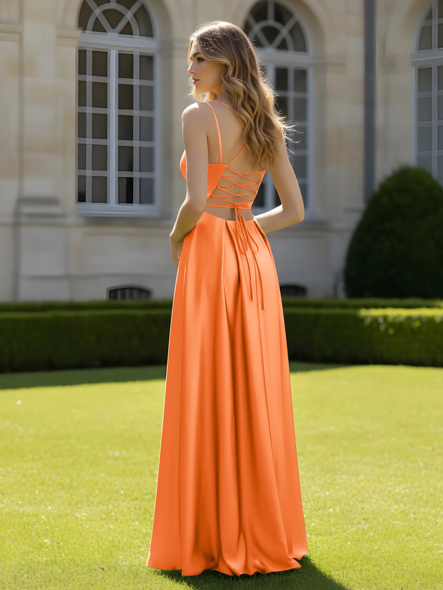 Pleated Sweetheart Neck A-Line Dress With Slit Orange - Image 2