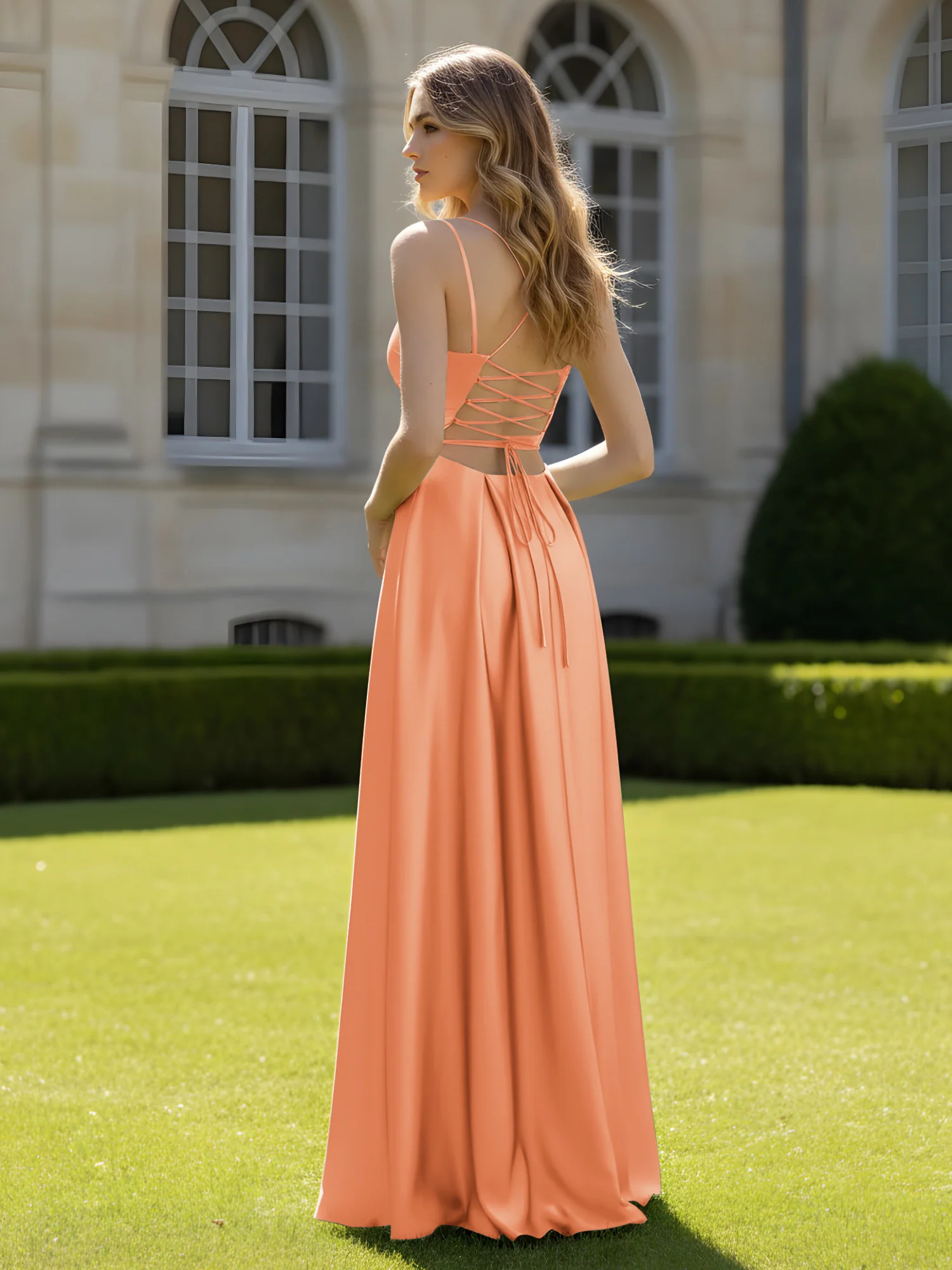 Pleated Sweetheart Neck A-Line Dress With Slit Papaya - Image 2