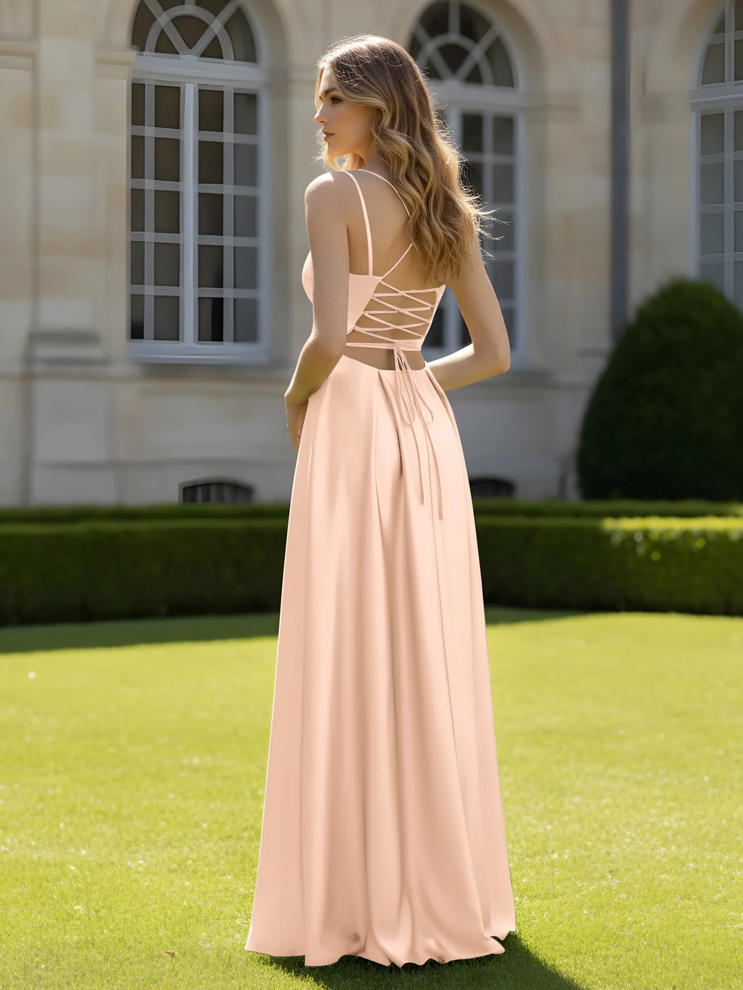Pleated Sweetheart Neck A-Line Dress With Slit Peach - Image 2