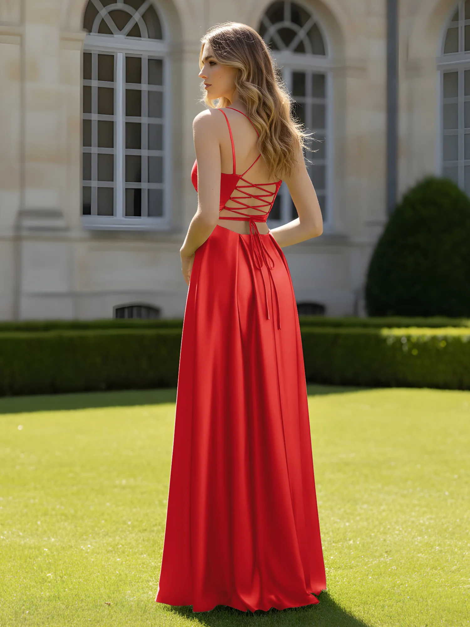 Pleated Sweetheart Neck A-Line Dress With Slit Red - Image 2