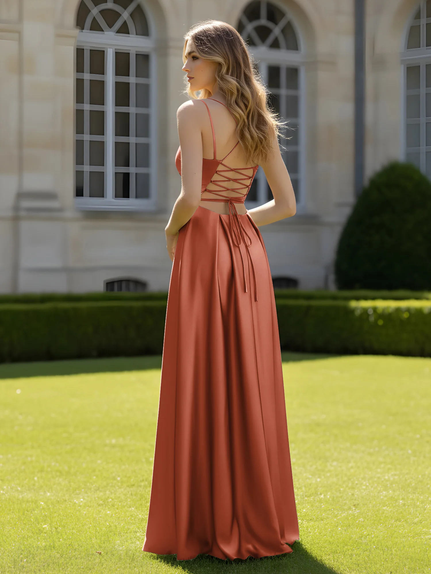 Pleated Sweetheart Neck A-Line Dress With Slit Rust - Image 2
