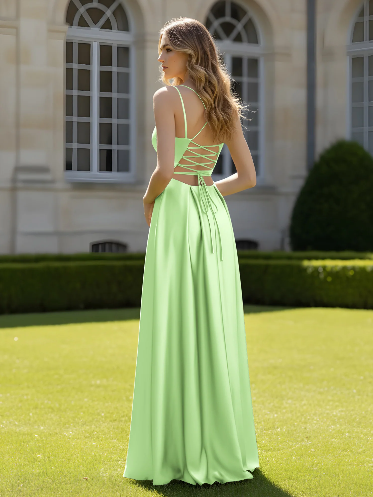 Pleated Sweetheart Neck A-Line Dress With Slit Sage - Image 2