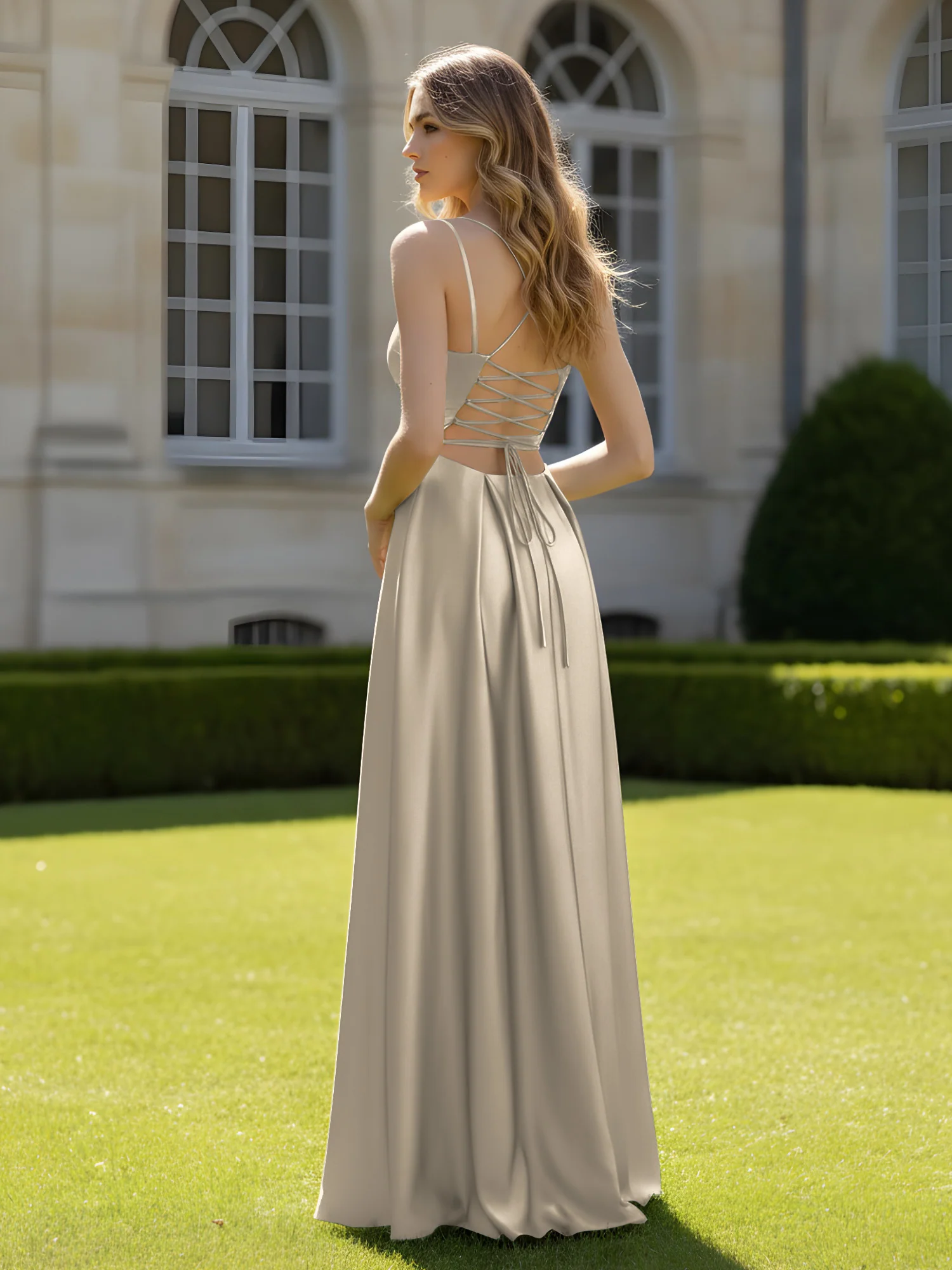 Pleated Sweetheart Neck A-Line Dress With Slit Taupe - Image 2