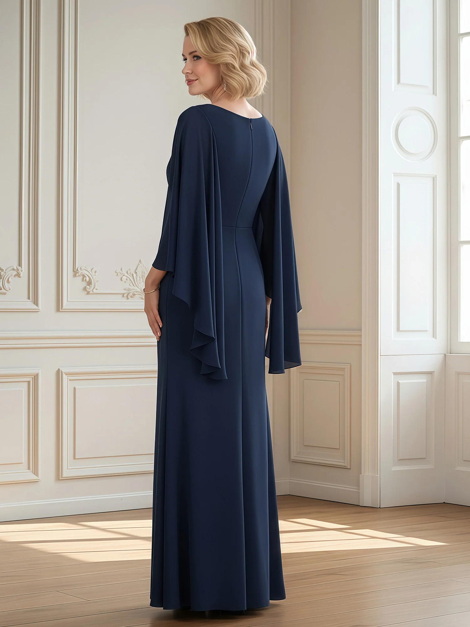 Pleated V-neck Applique Long Dress With Slit Dark Navy - Image 2
