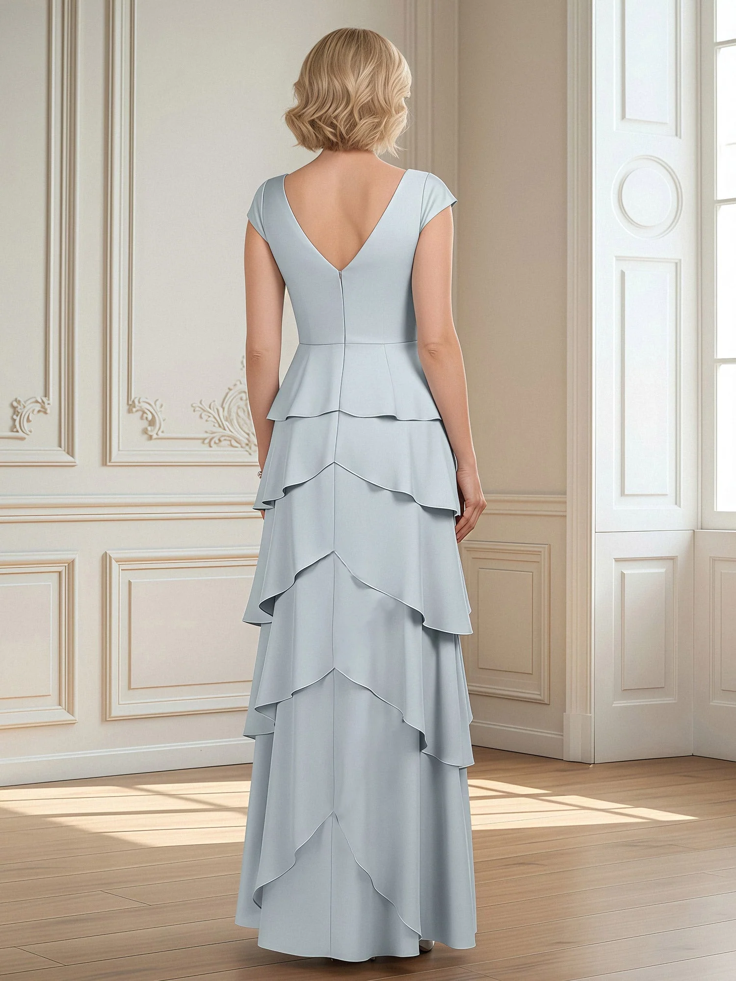 Pleated V-neck Cap Sleeve A-Line Tiered Long Dress Peacock - Image 2