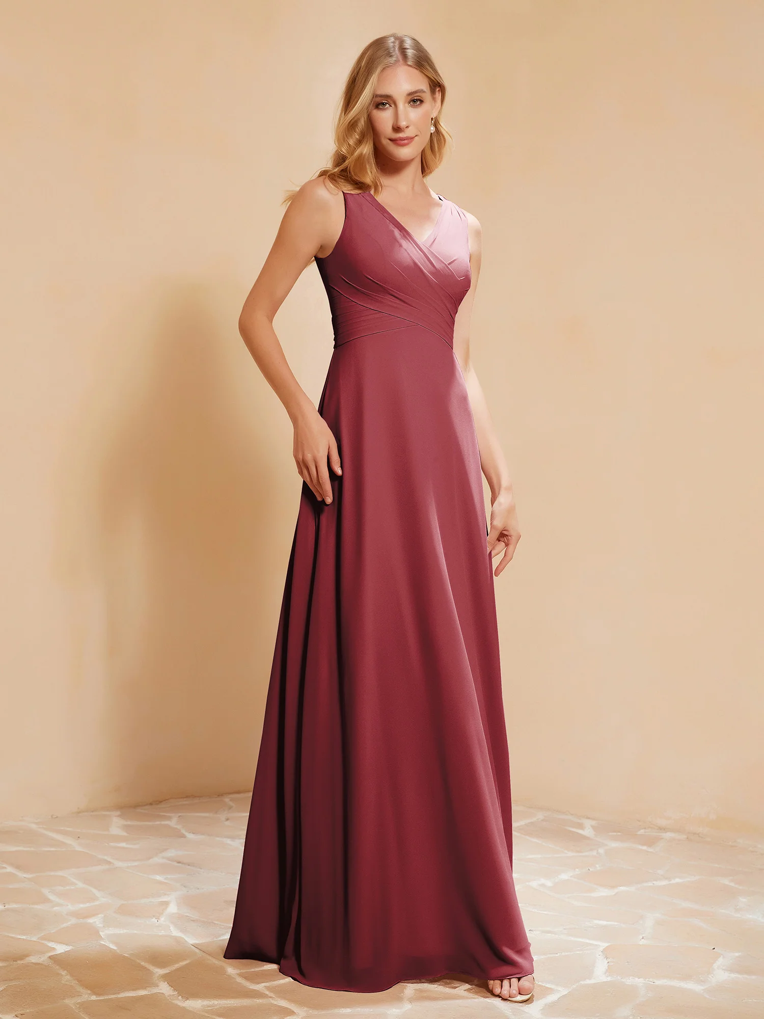 Pleated V-neck Chiffon A-line Dress With Bow Cinnamon Rose Plus Size