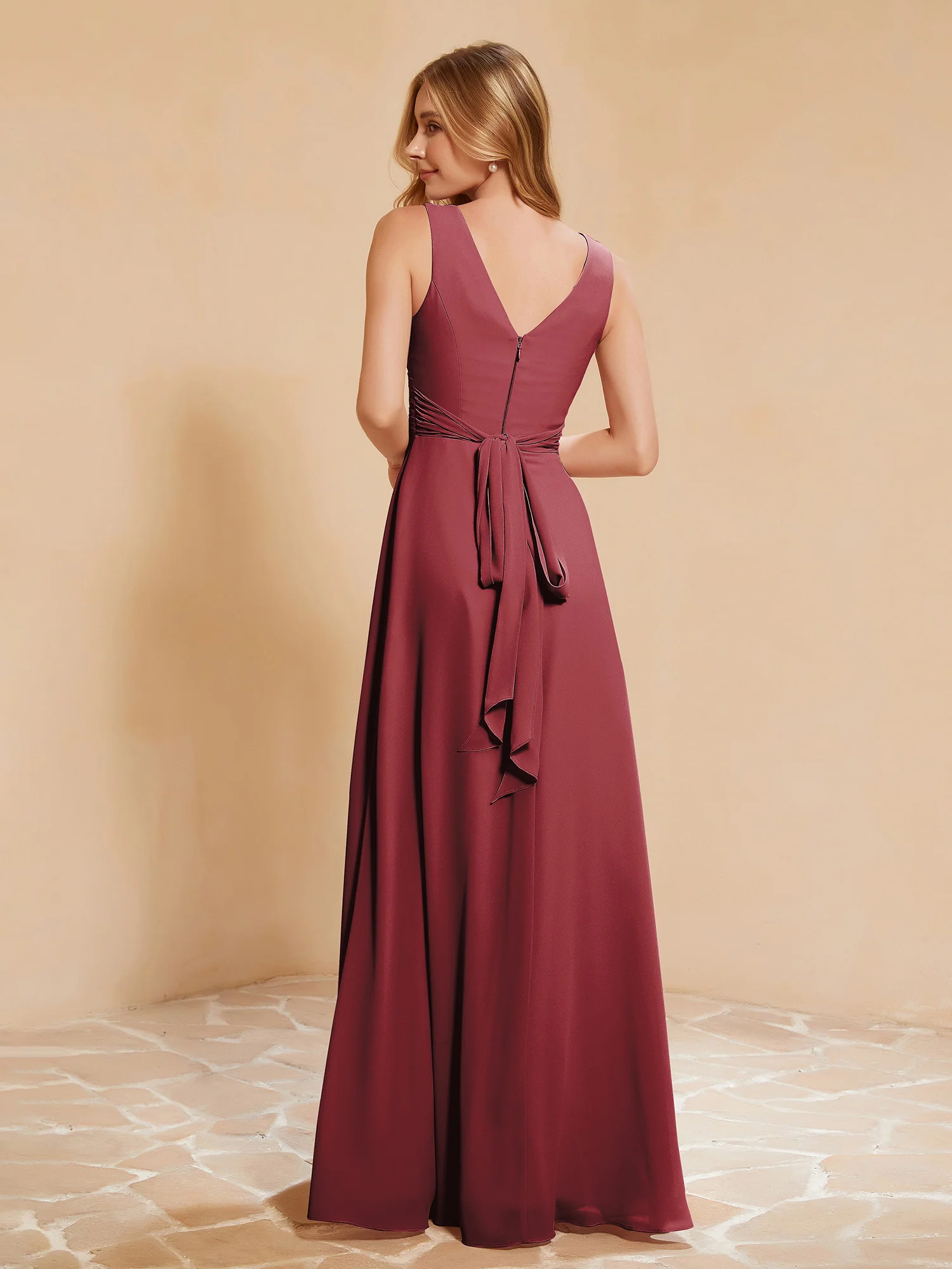 Pleated V-neck Chiffon A-line Dress With Bow Cinnamon Rose Plus Size - Image 2