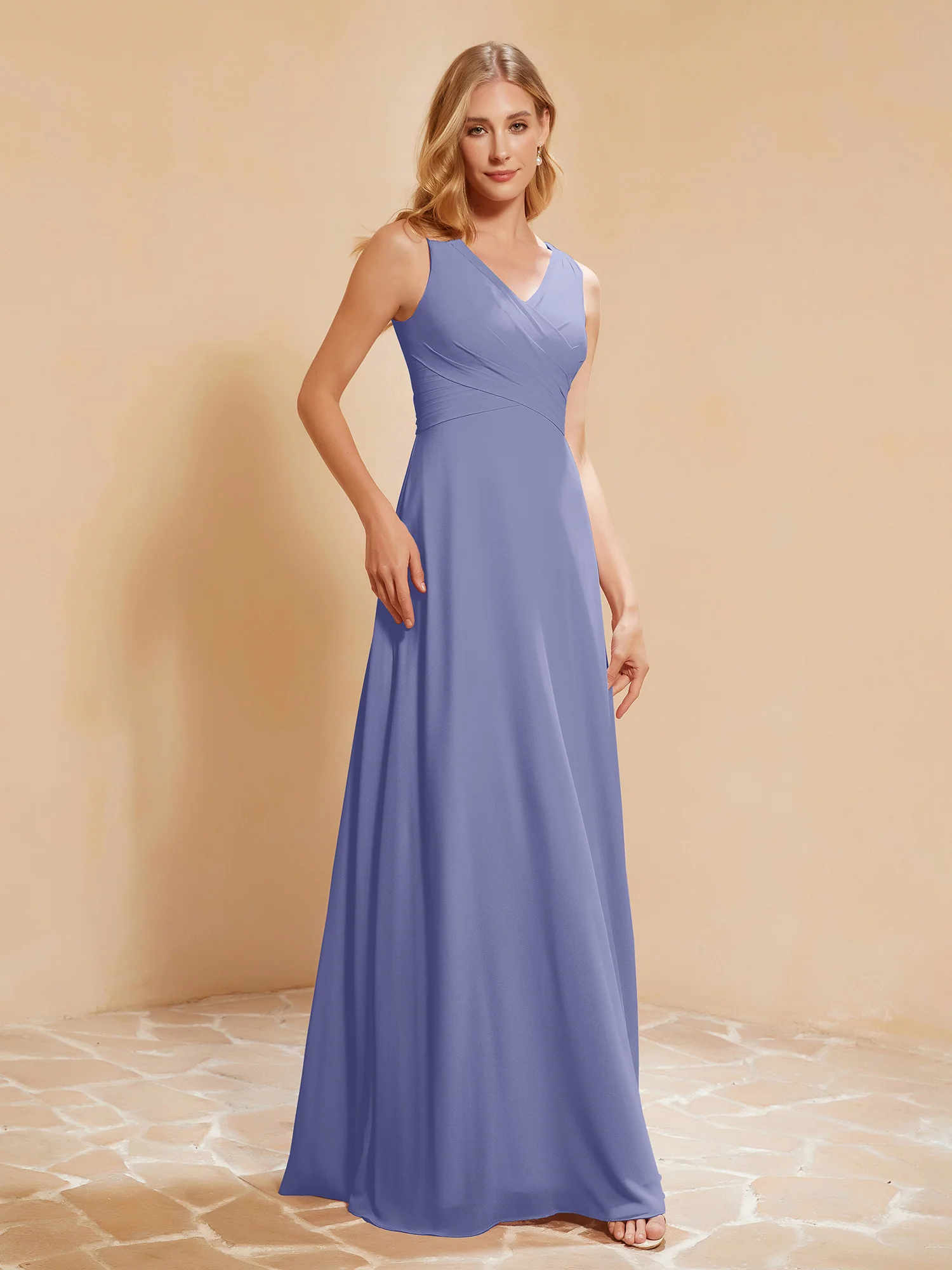 Pleated V-neck Chiffon A-line Dress With Bow Periwinkle Plus Size