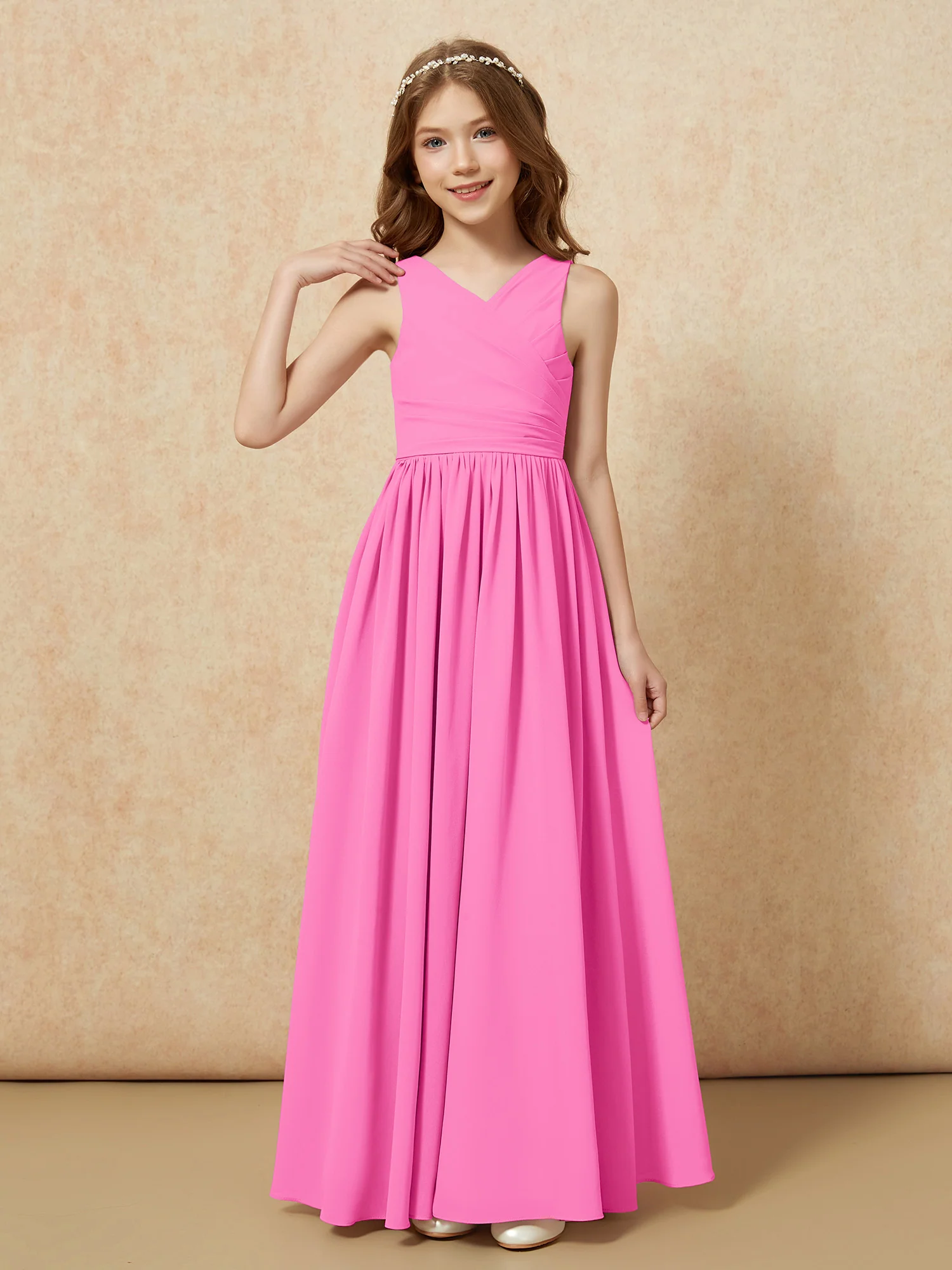 Pleated V-neck Chiffon Long Junior Bridesmaid Dresses Azalea