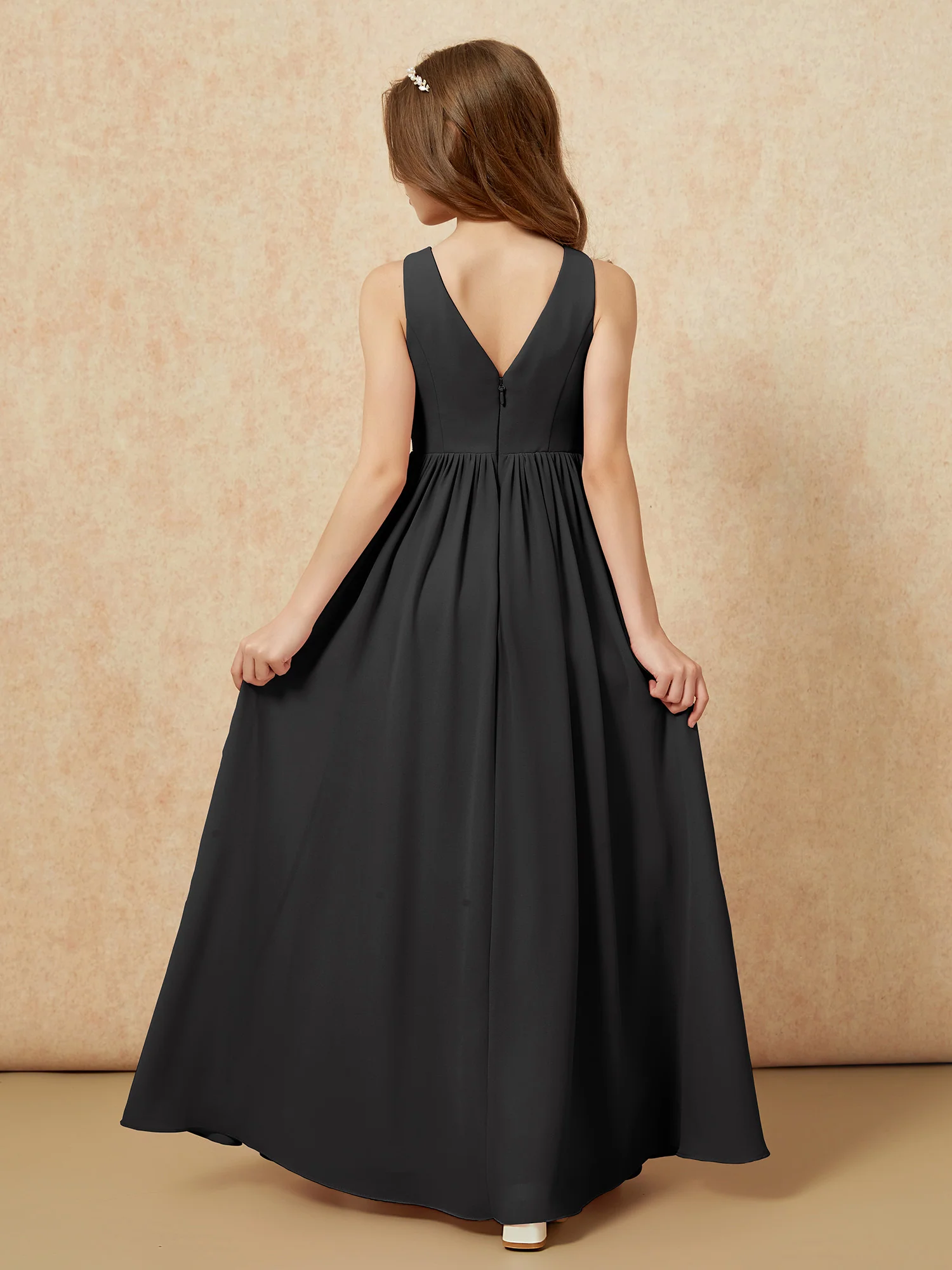 Pleated V-neck Chiffon Long Junior Bridesmaid Dresses Black - Image 2