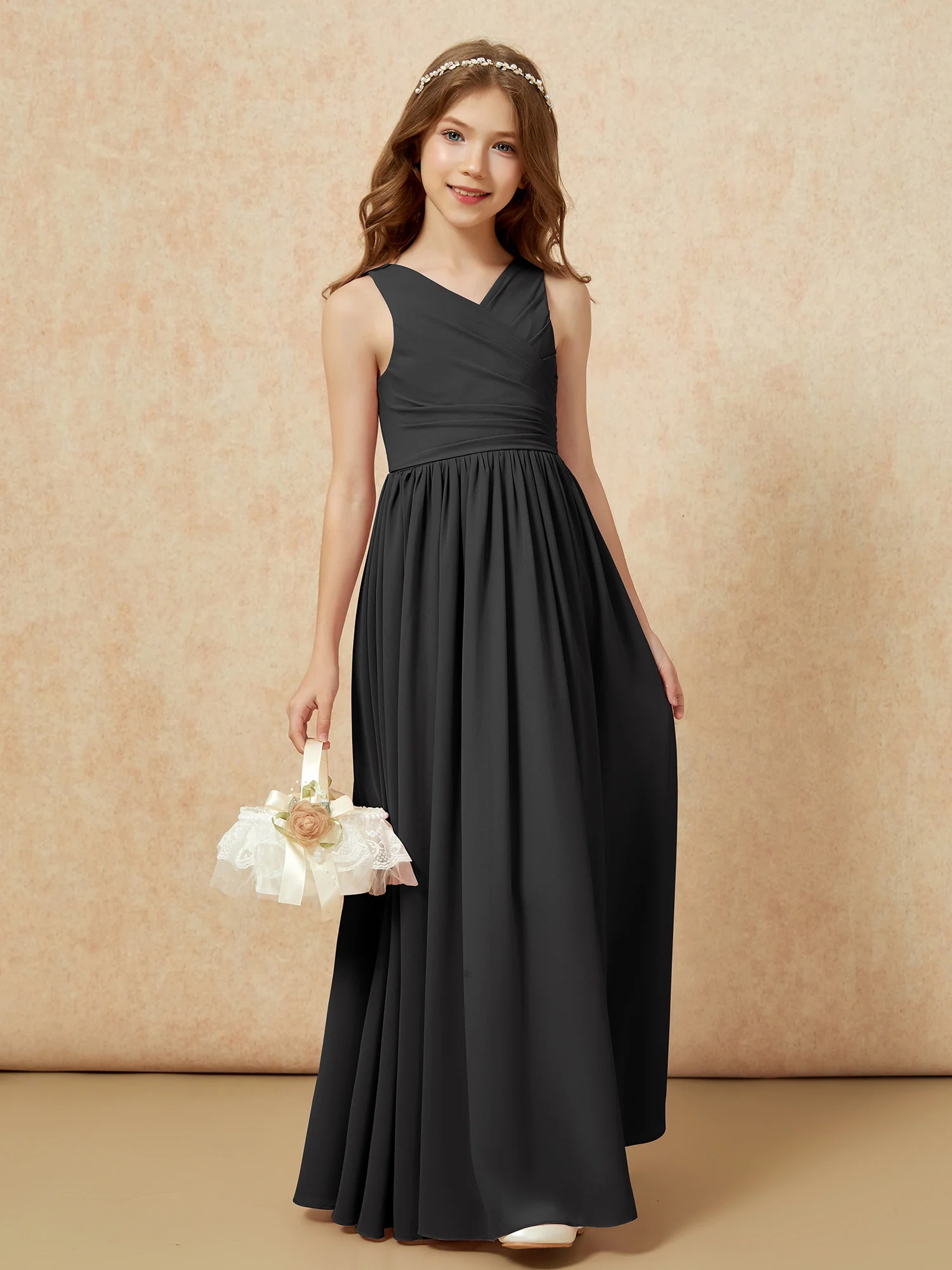 Pleated V-neck Chiffon Long Junior Bridesmaid Dresses Black - Image 4