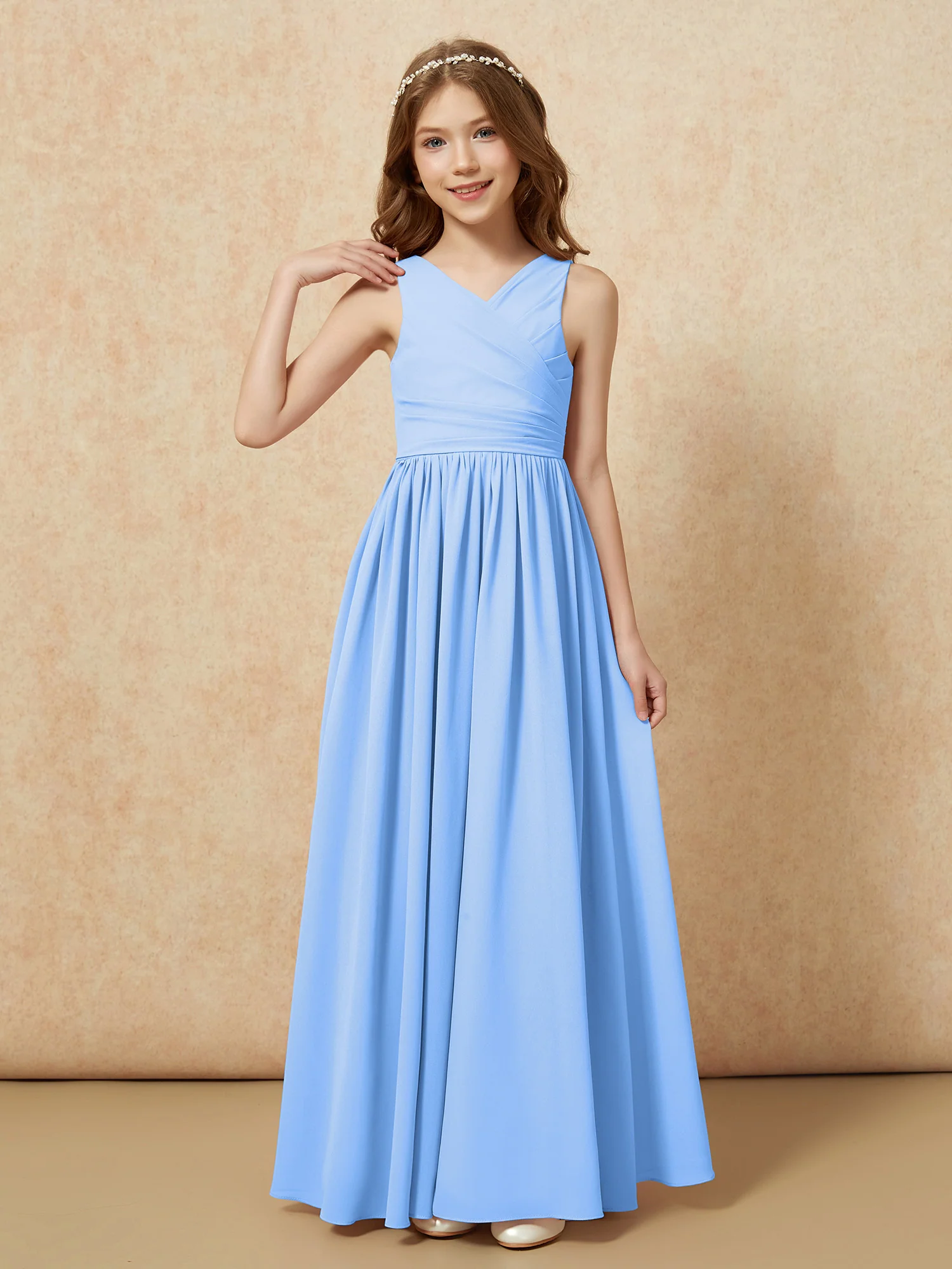 Pleated V-neck Chiffon Long Junior Bridesmaid Dresses Blue