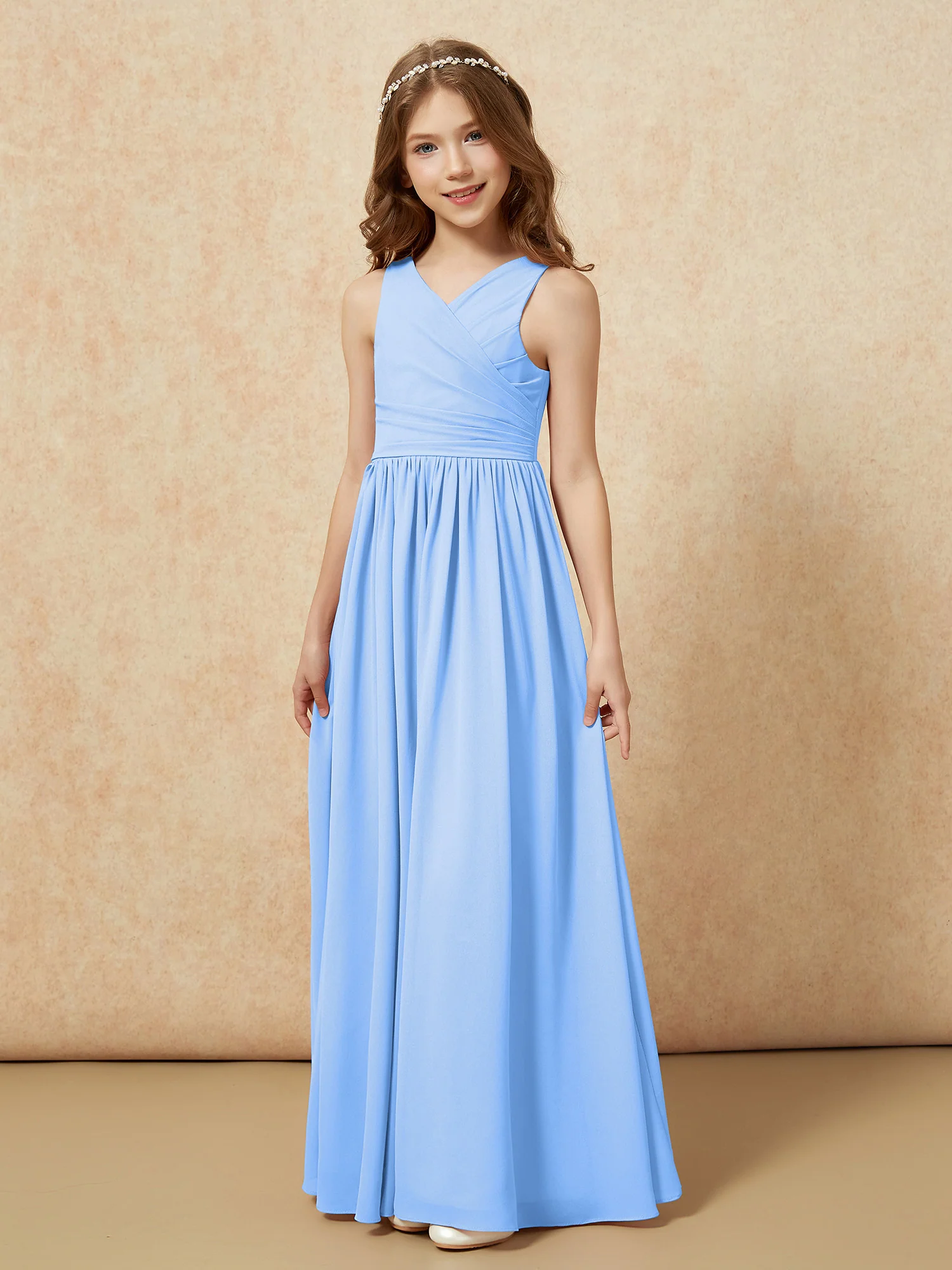 Pleated V-neck Chiffon Long Junior Bridesmaid Dresses Blue - Image 3