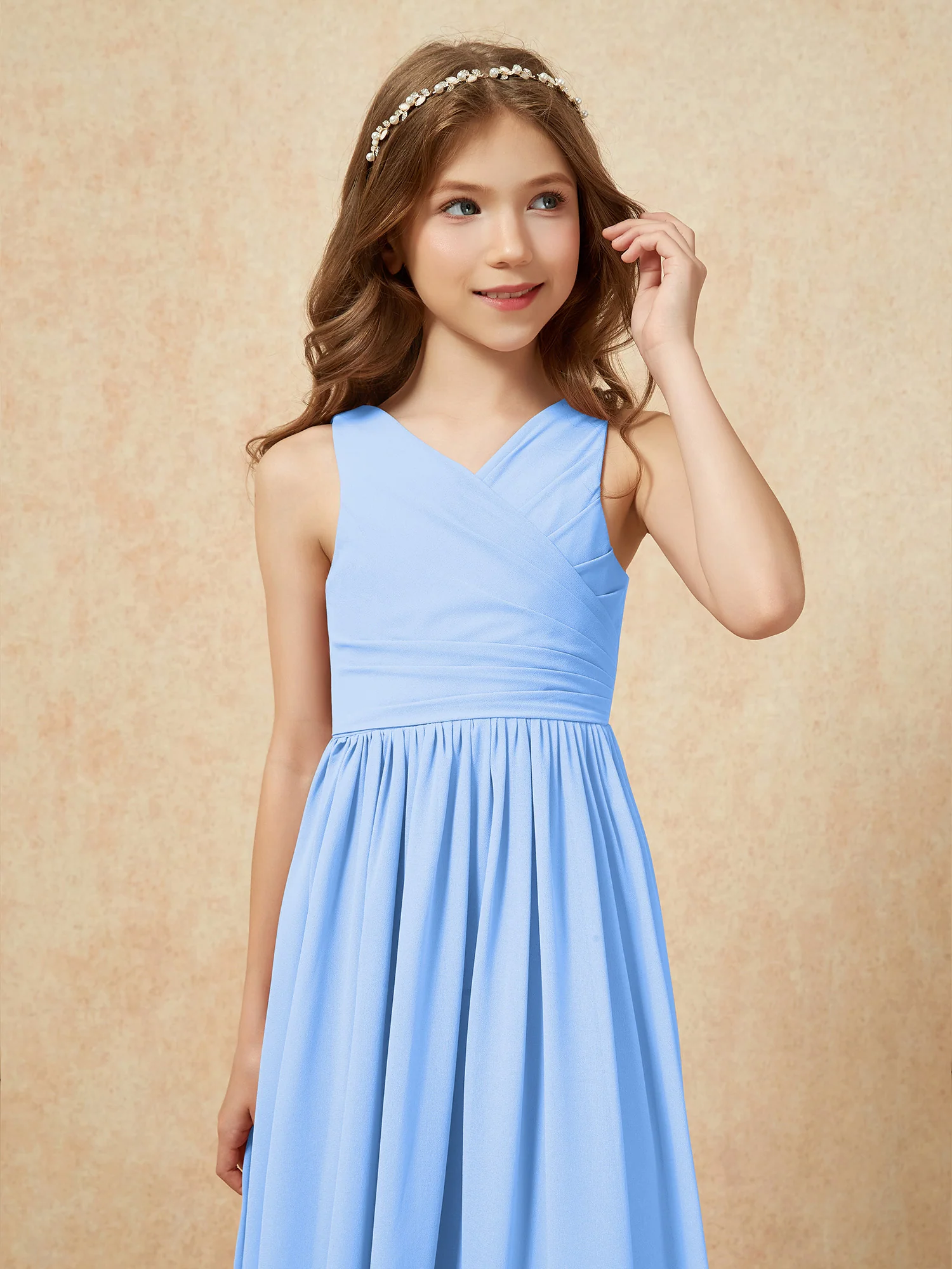 Pleated V-neck Chiffon Long Junior Bridesmaid Dresses Blue - Image 6