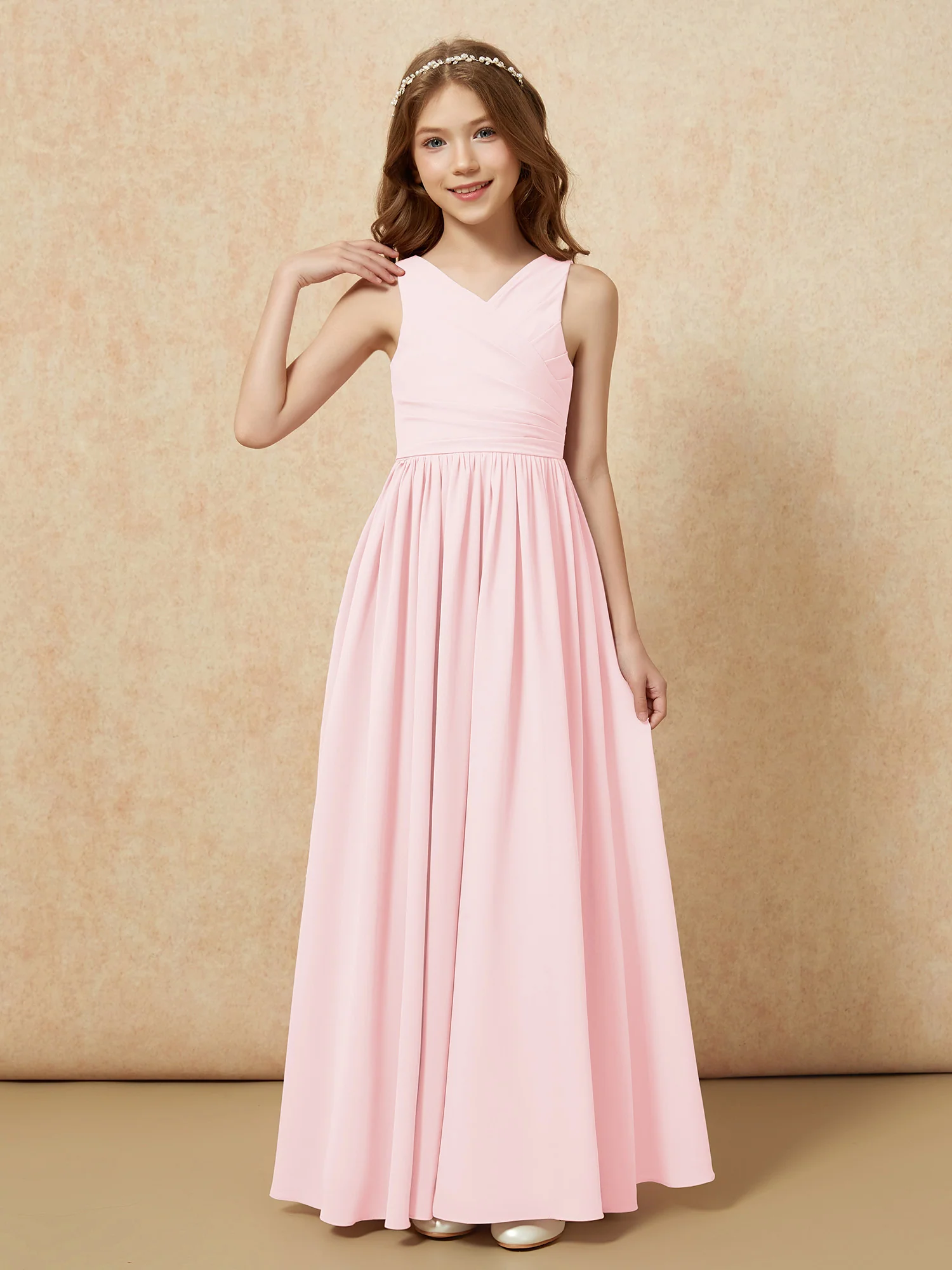 Pleated V-neck Chiffon Long Junior Bridesmaid Dresses Blushing Pink