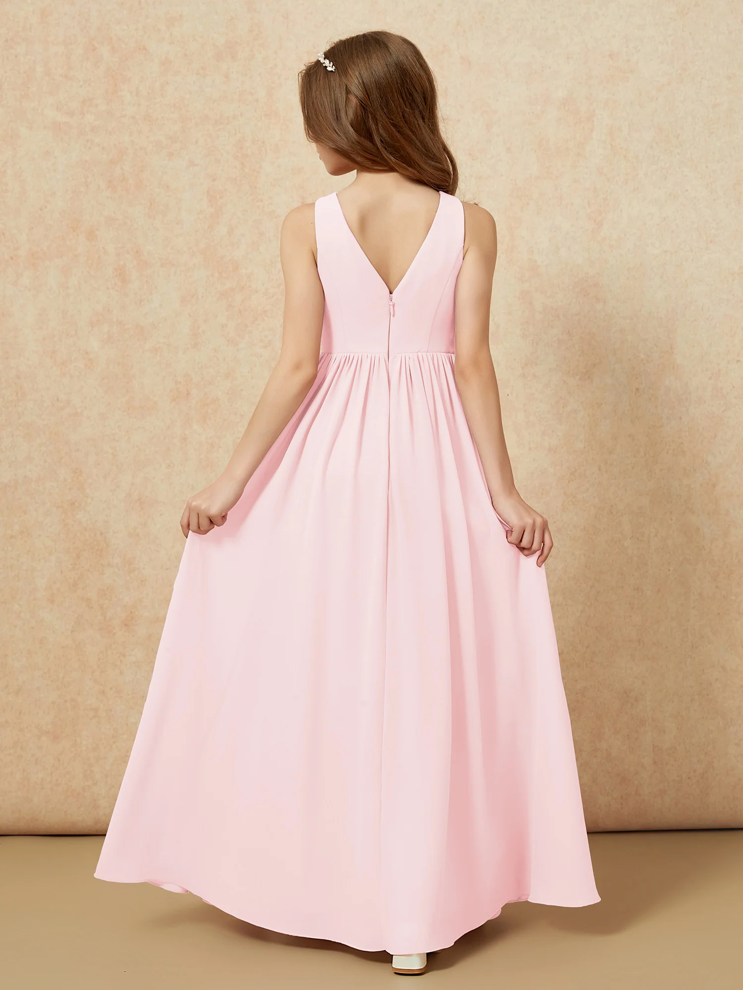 Pleated V-neck Chiffon Long Junior Bridesmaid Dresses Blushing Pink - Image 2