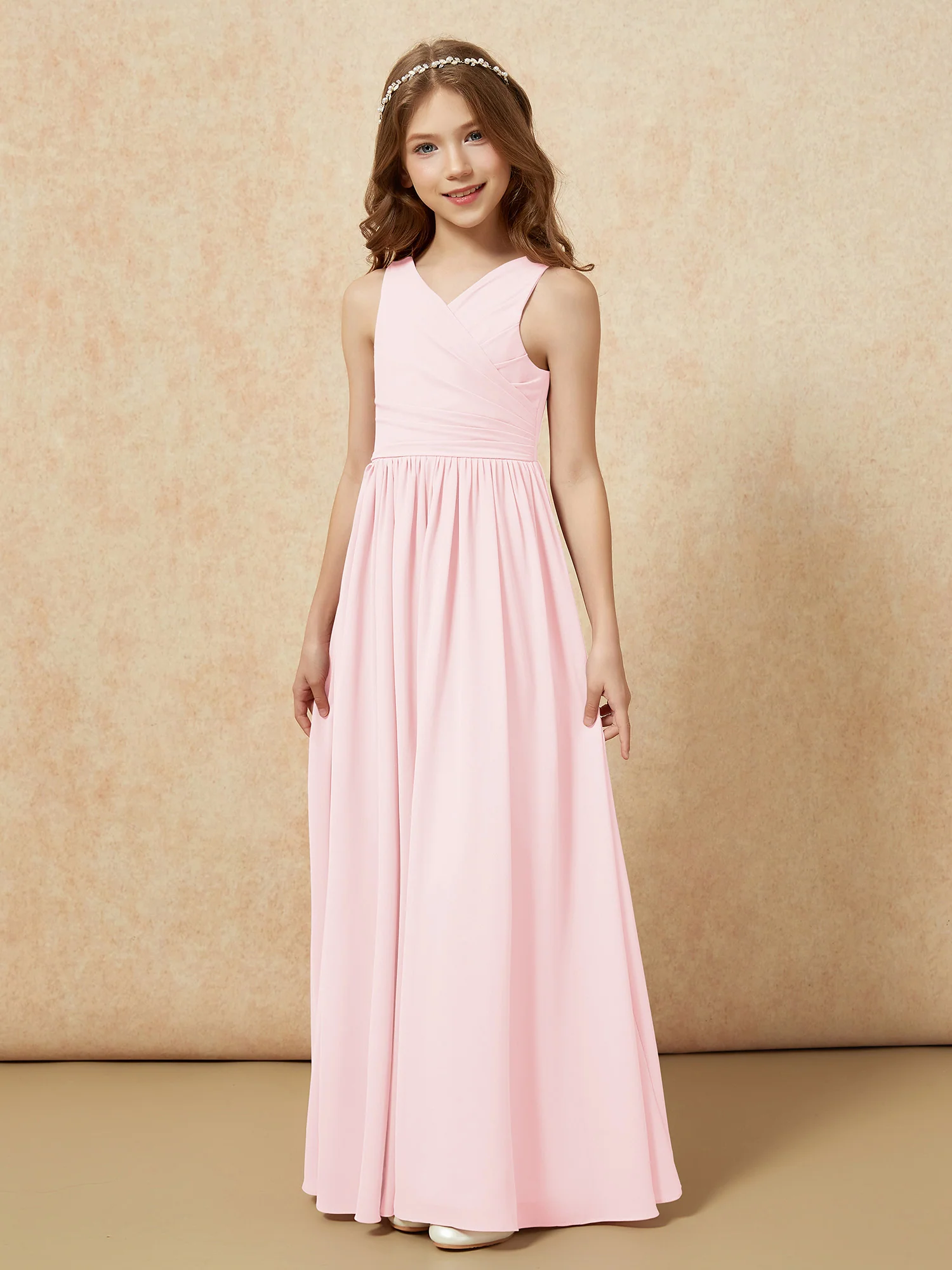 Pleated V-neck Chiffon Long Junior Bridesmaid Dresses Blushing Pink - Image 3