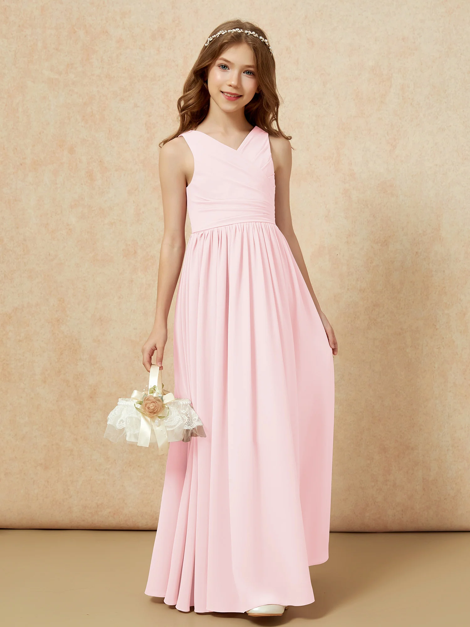 Pleated V-neck Chiffon Long Junior Bridesmaid Dresses Blushing Pink - Image 4