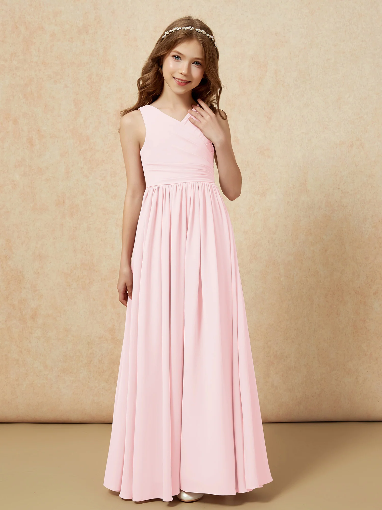 Pleated V-neck Chiffon Long Junior Bridesmaid Dresses Blushing Pink - Image 5