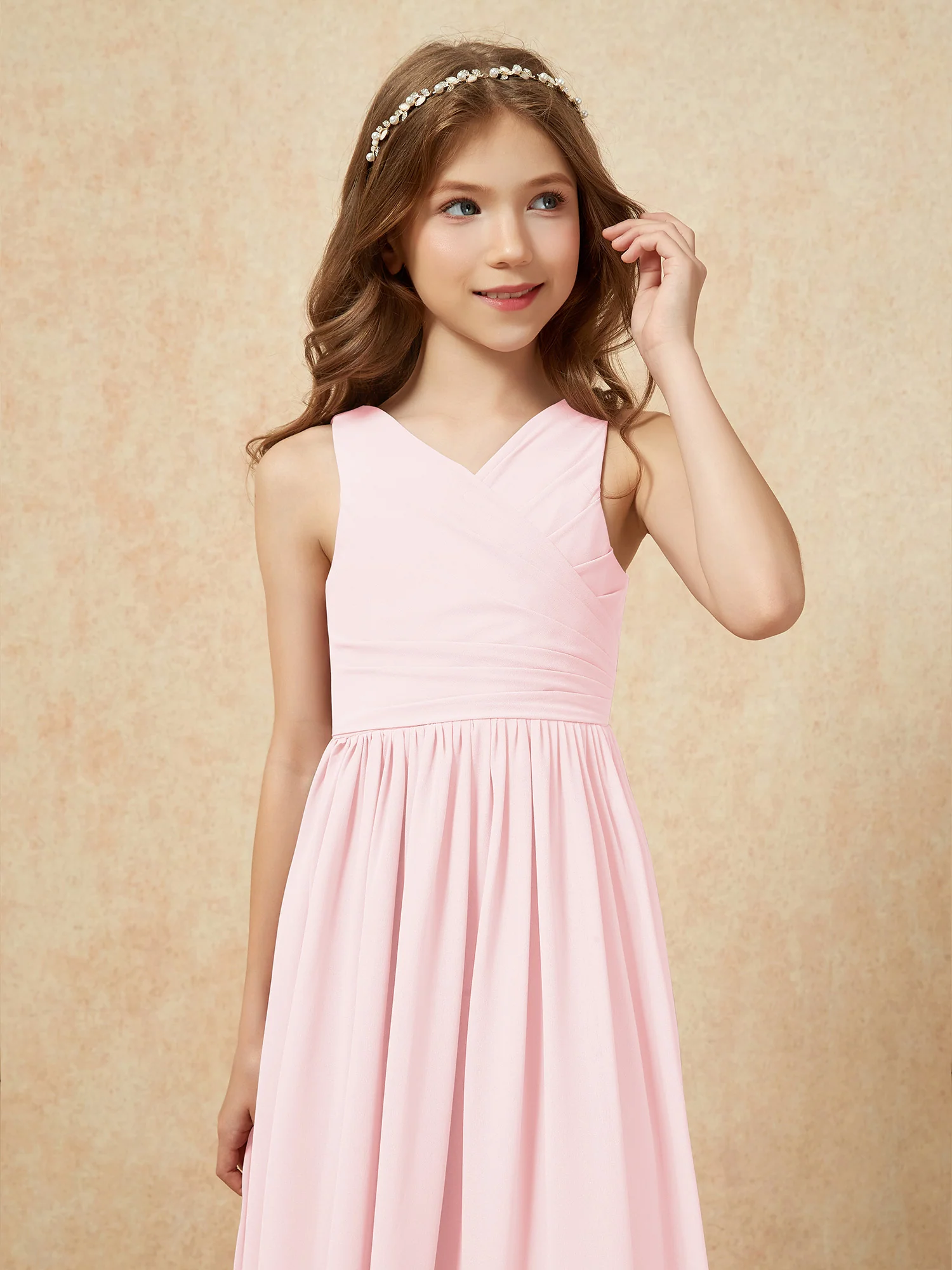 Pleated V-neck Chiffon Long Junior Bridesmaid Dresses Blushing Pink - Image 6