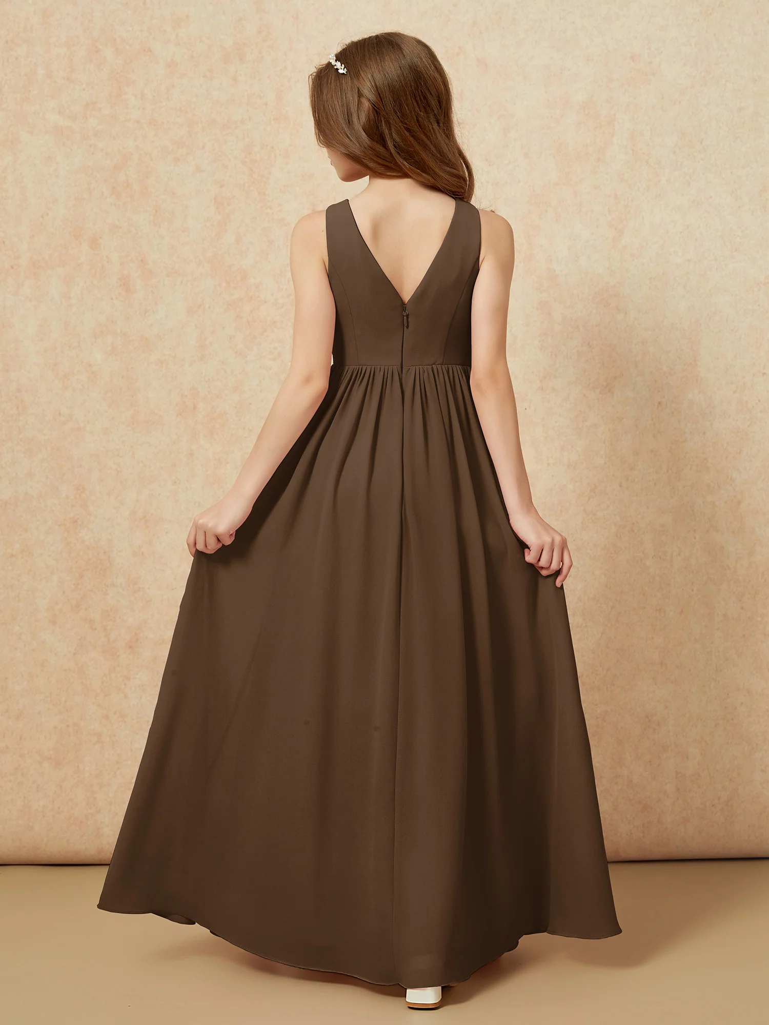 Pleated V-neck Chiffon Long Junior Bridesmaid Dresses Brown - Image 2