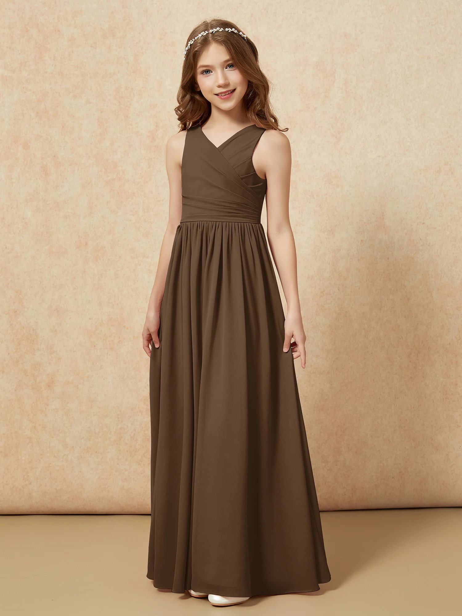 Pleated V-neck Chiffon Long Junior Bridesmaid Dresses Brown - Image 3