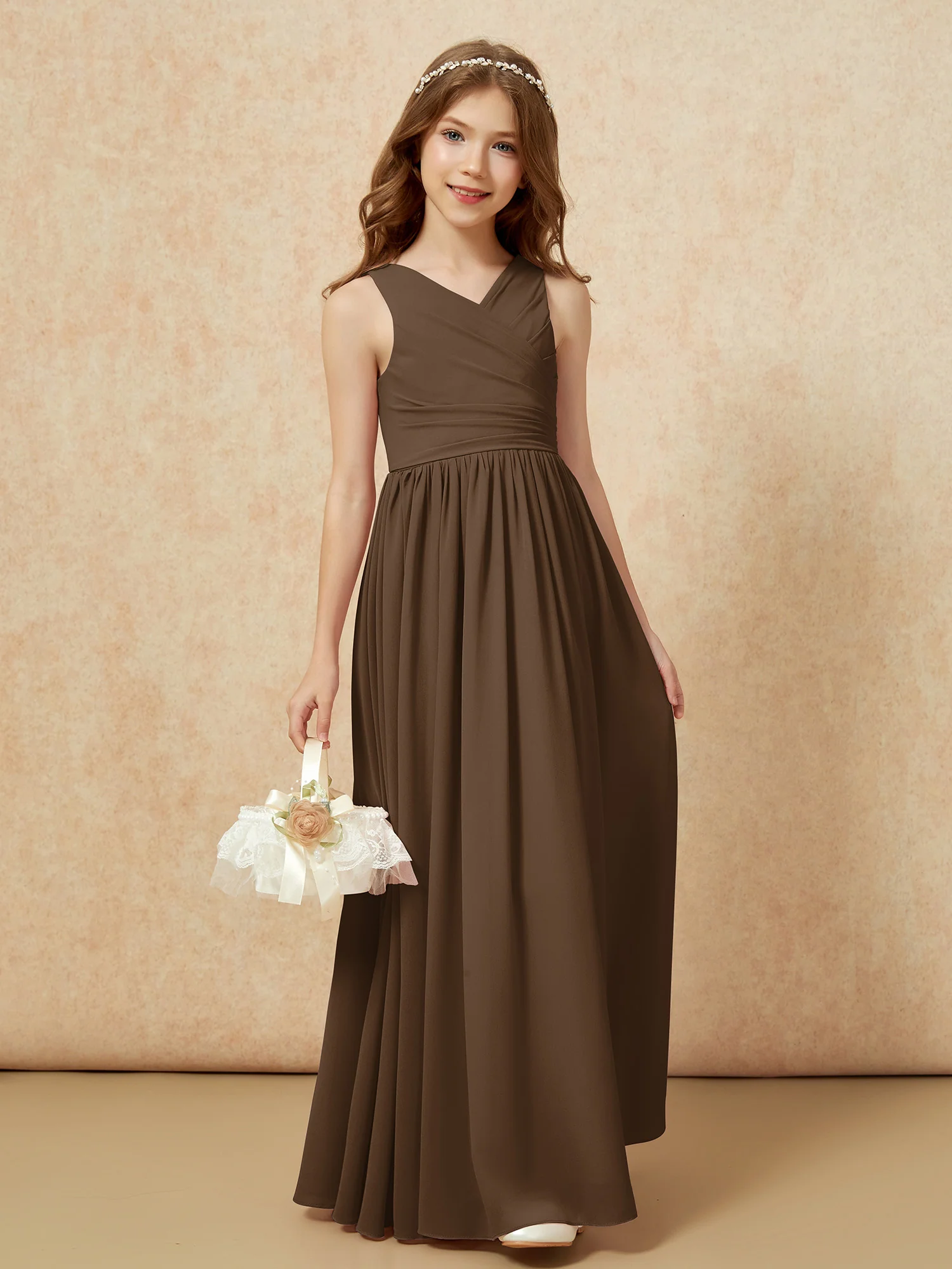 Pleated V-neck Chiffon Long Junior Bridesmaid Dresses Brown - Image 4