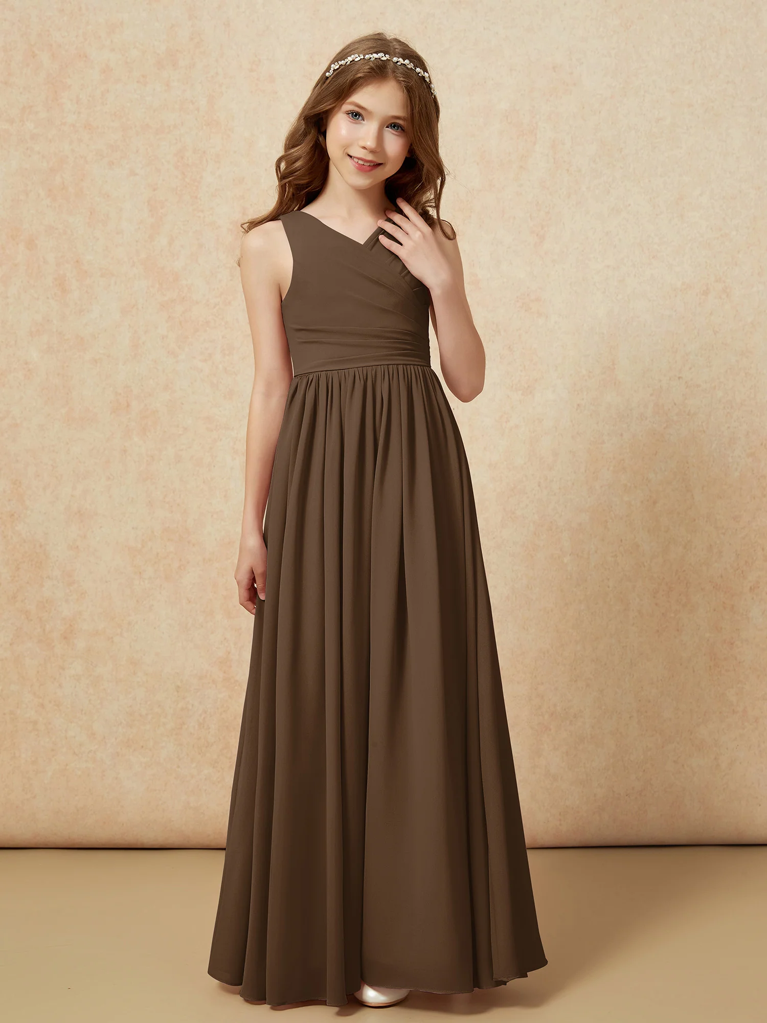 Pleated V-neck Chiffon Long Junior Bridesmaid Dresses Brown - Image 5