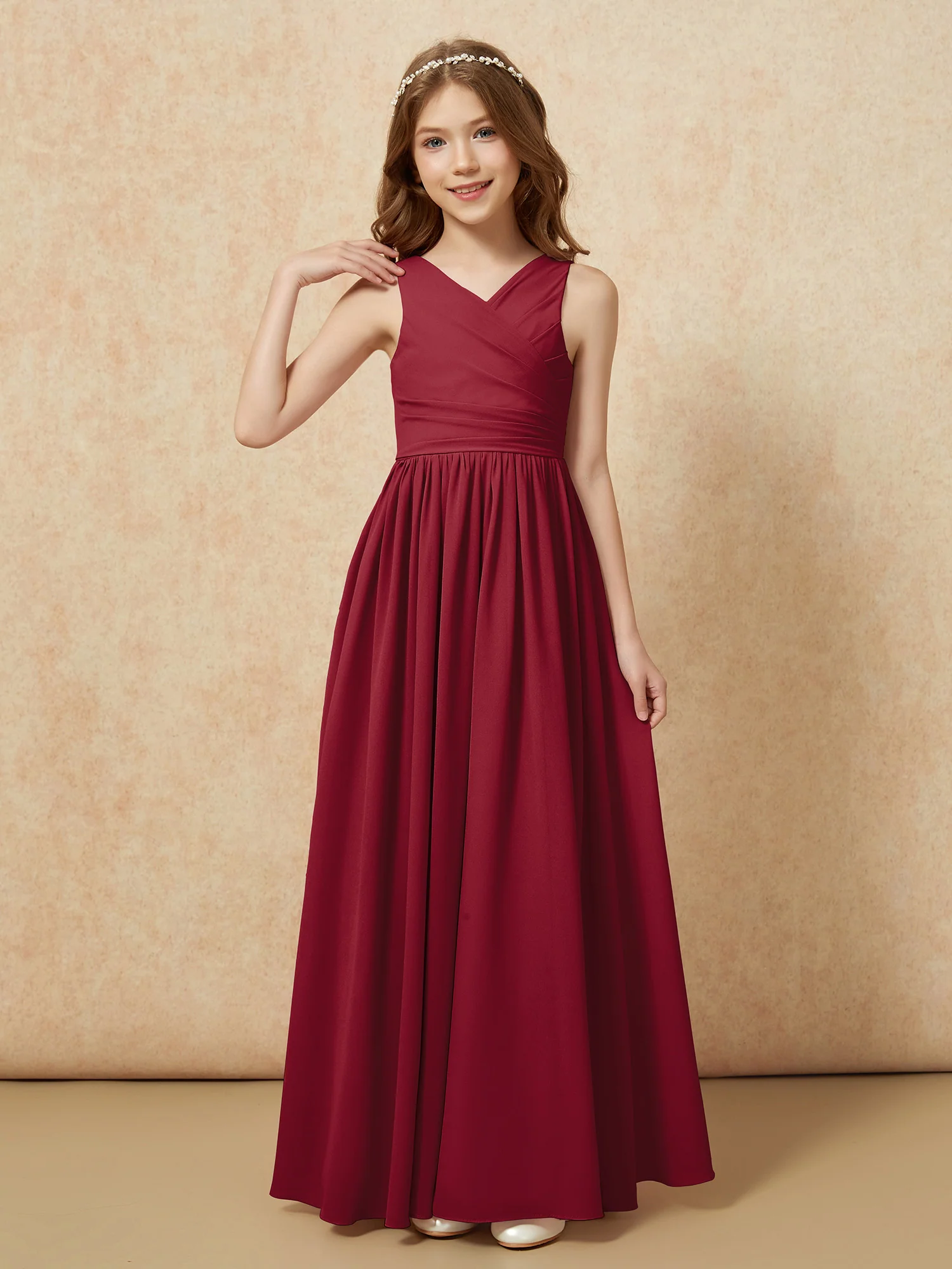 Pleated V-neck Chiffon Long Junior Bridesmaid Dresses Burgundy