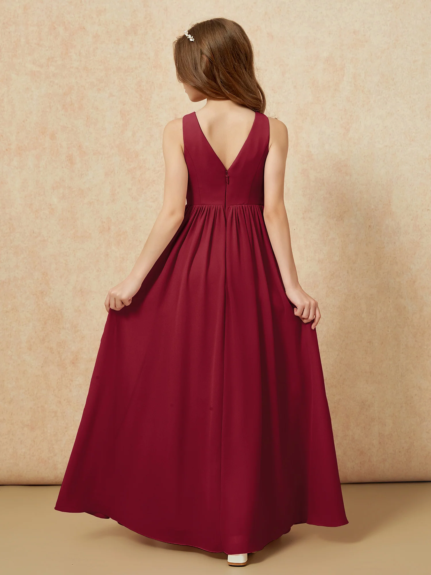 Pleated V-neck Chiffon Long Junior Bridesmaid Dresses Burgundy - Image 2