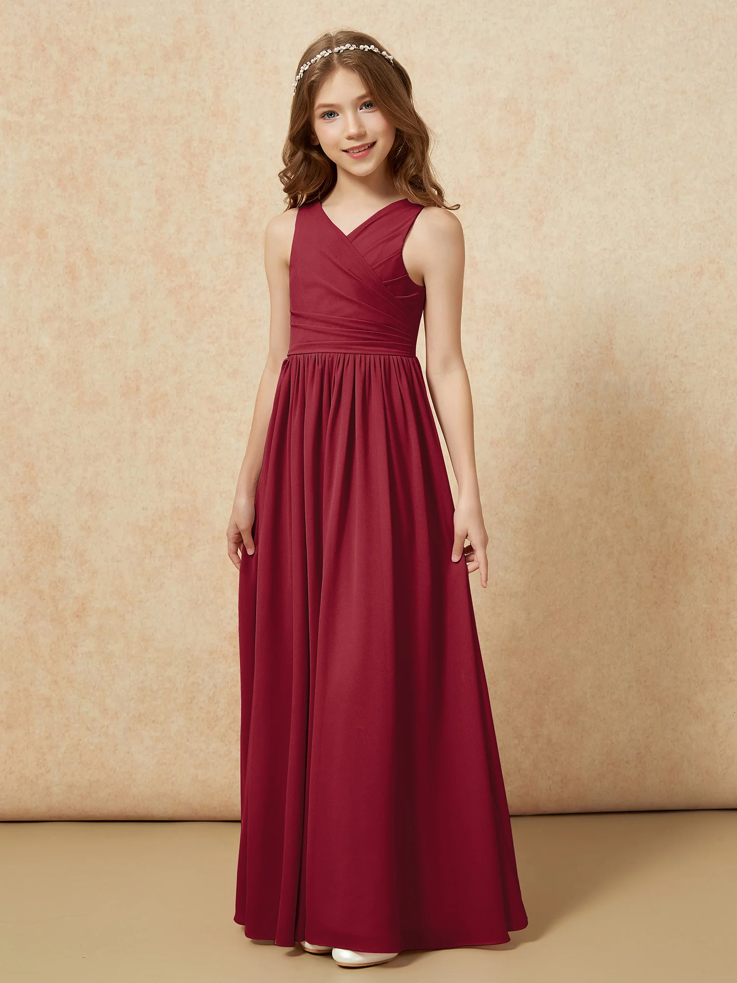 Pleated V-neck Chiffon Long Junior Bridesmaid Dresses Burgundy - Image 3