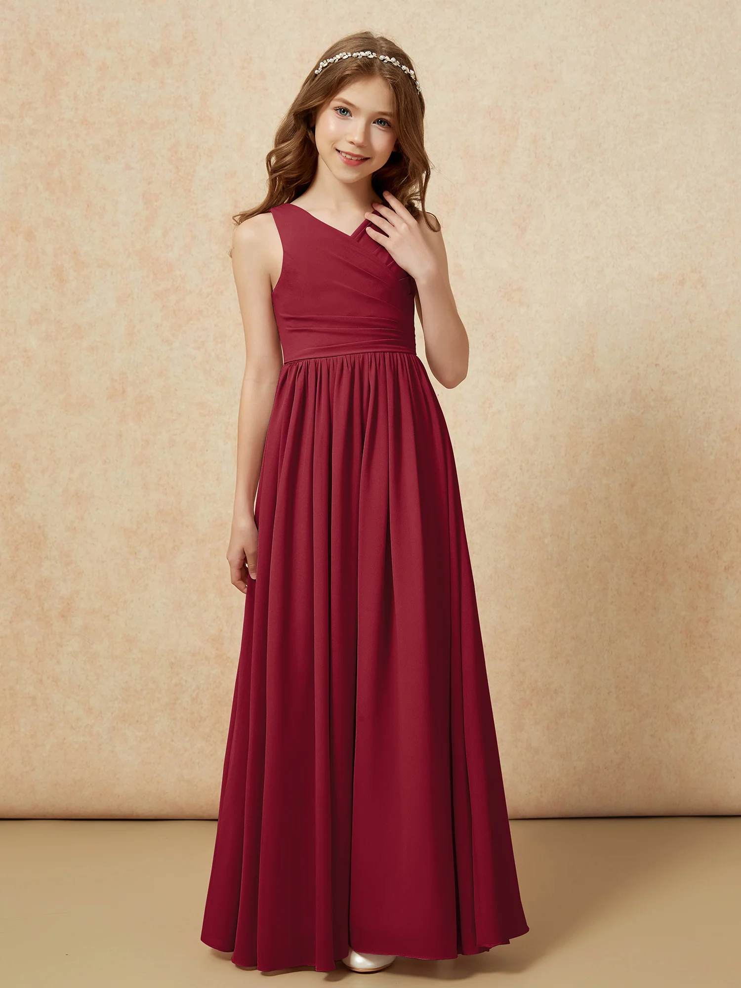 Pleated V-neck Chiffon Long Junior Bridesmaid Dresses Burgundy - Image 5