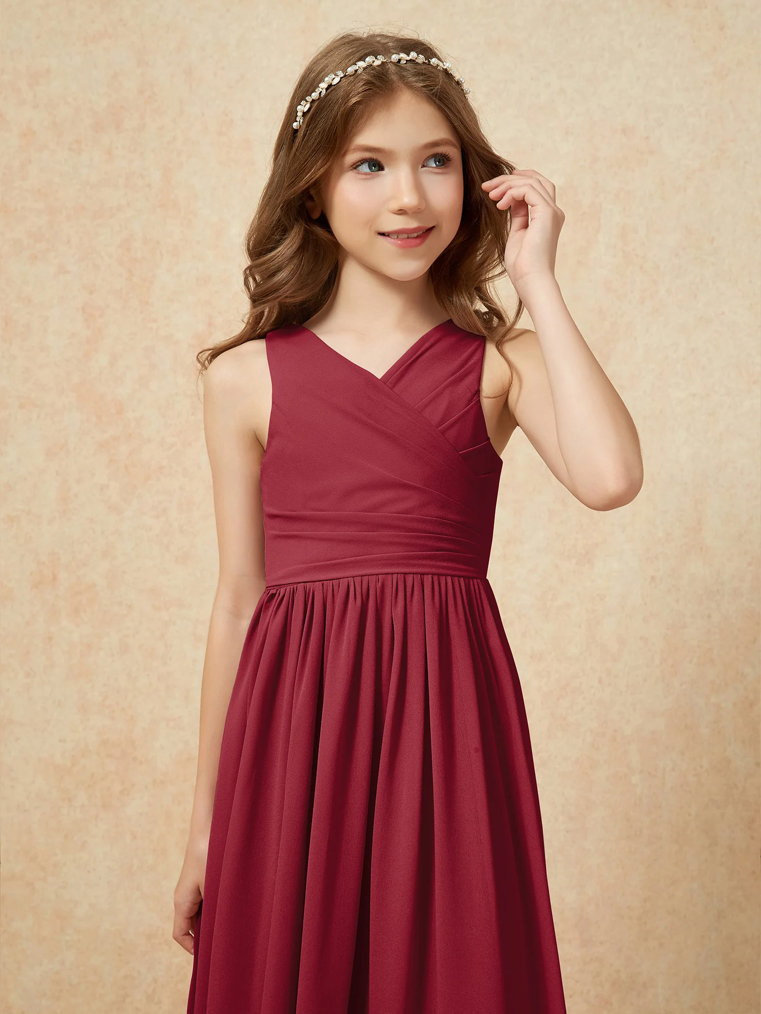 Pleated V-neck Chiffon Long Junior Bridesmaid Dresses Burgundy - Image 6
