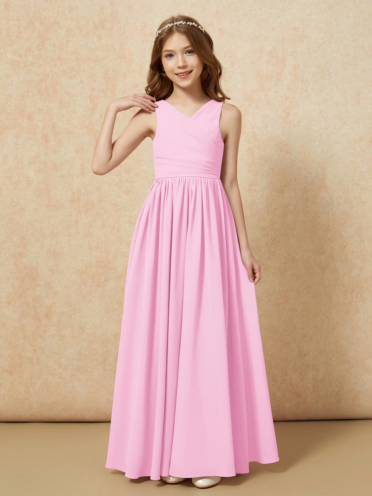 Pleated V-neck Chiffon Long Junior Bridesmaid Dresses Candy Pink