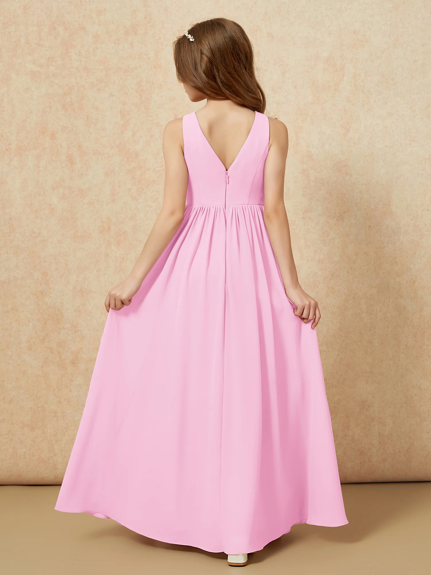 Pleated V-neck Chiffon Long Junior Bridesmaid Dresses Candy Pink - Image 2