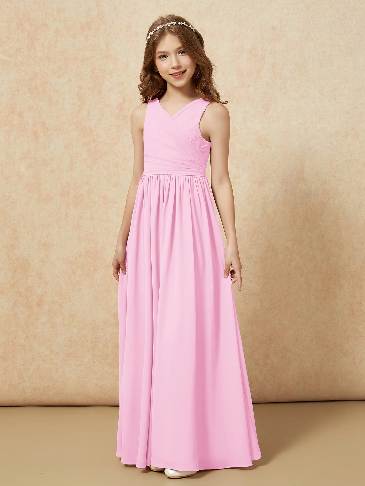 Pleated V-neck Chiffon Long Junior Bridesmaid Dresses Candy Pink - Image 3