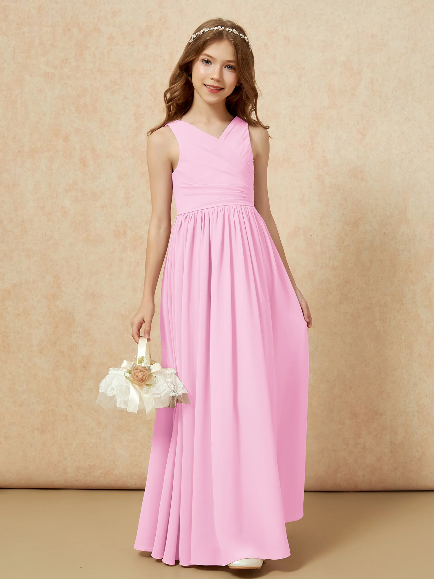 Pleated V-neck Chiffon Long Junior Bridesmaid Dresses Candy Pink - Image 4