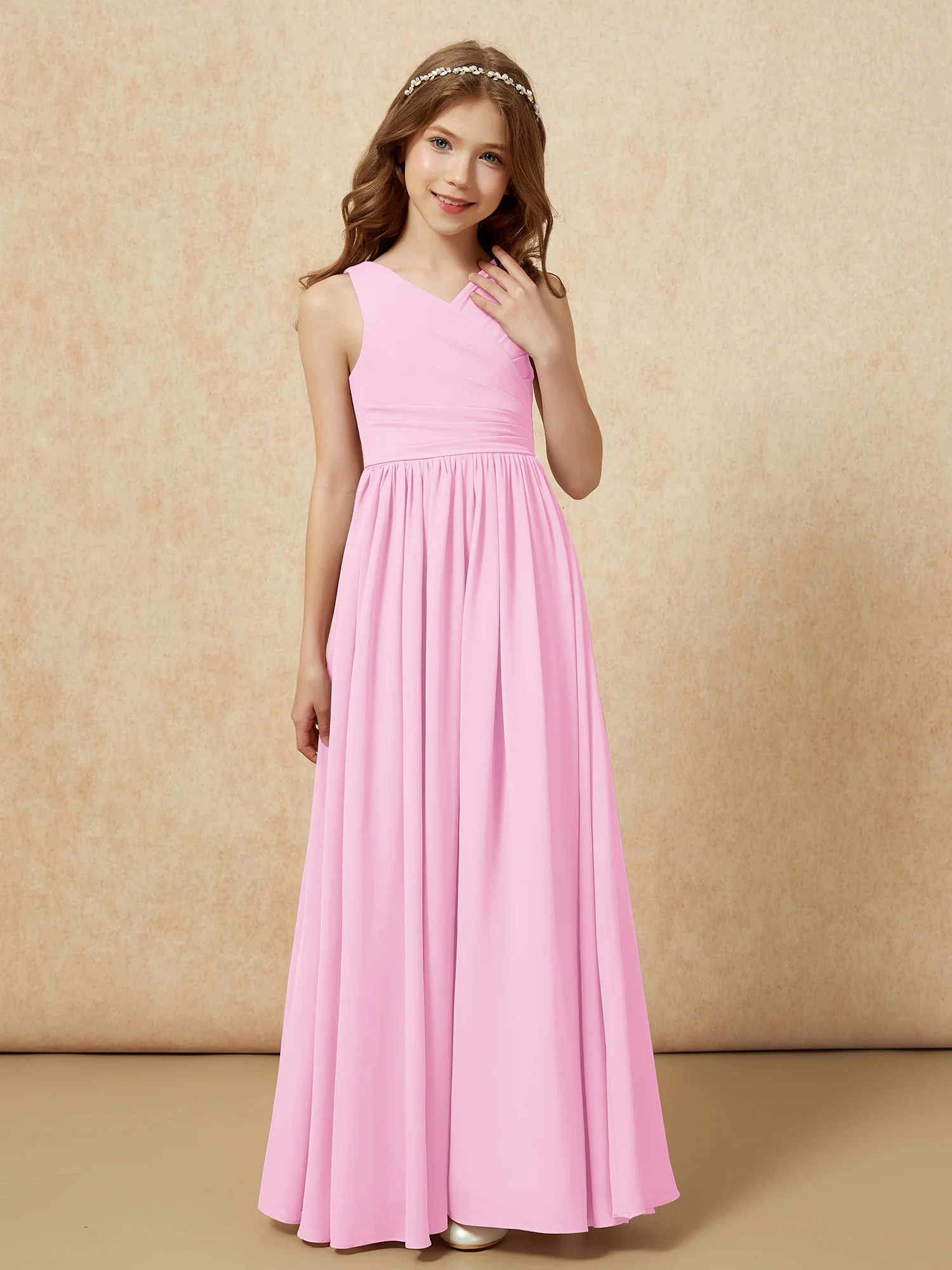 Pleated V-neck Chiffon Long Junior Bridesmaid Dresses Candy Pink - Image 5