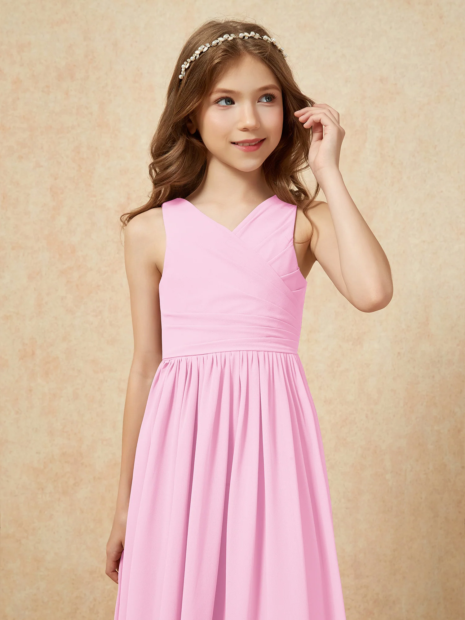 Pleated V-neck Chiffon Long Junior Bridesmaid Dresses Candy Pink - Image 6