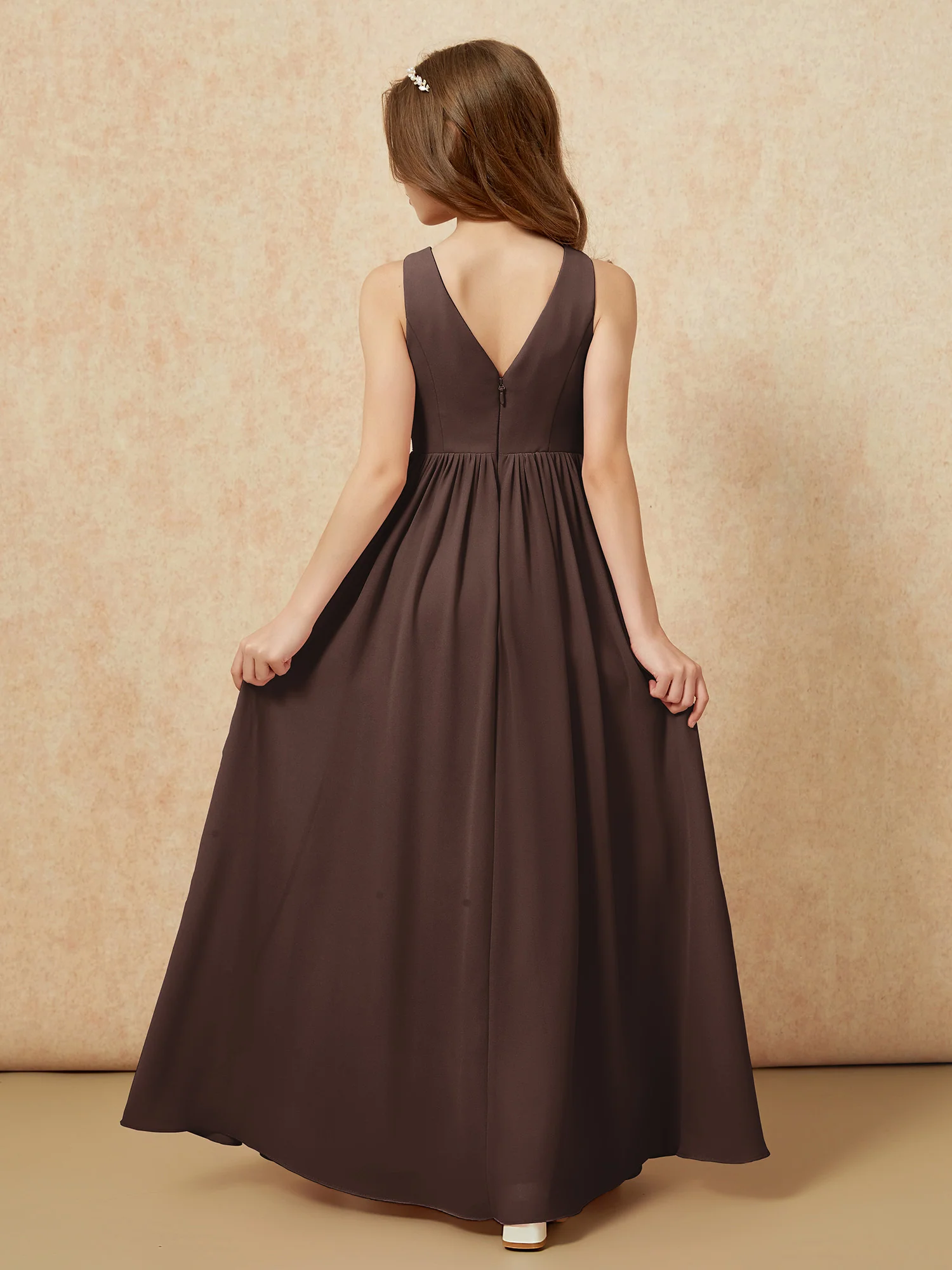Pleated V-neck Chiffon Long Junior Bridesmaid Dresses Chocolate - Image 2
