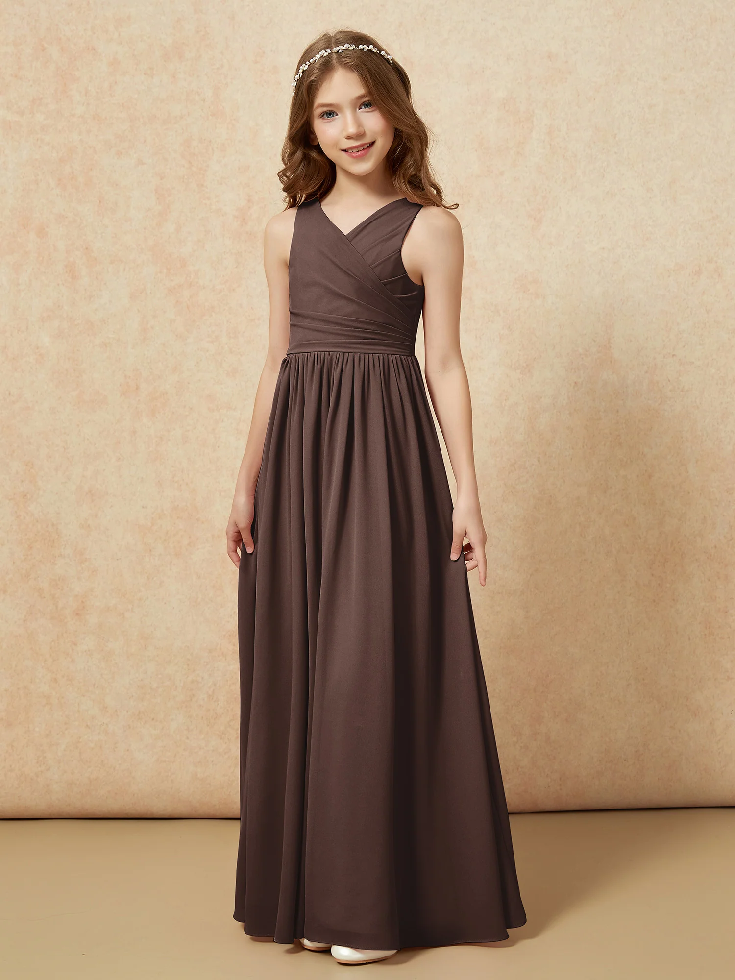 Pleated V-neck Chiffon Long Junior Bridesmaid Dresses Chocolate - Image 3