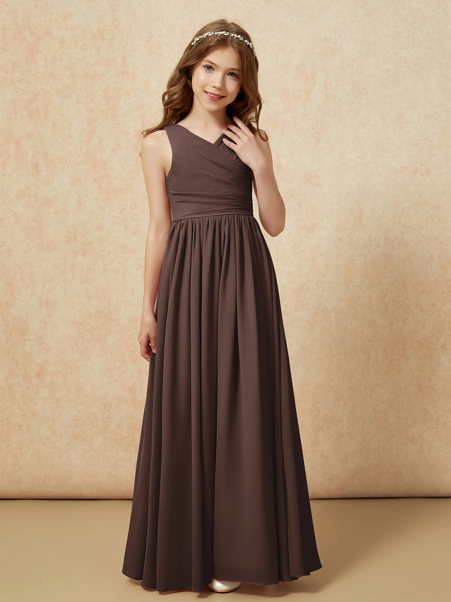 Pleated V-neck Chiffon Long Junior Bridesmaid Dresses Chocolate - Image 5