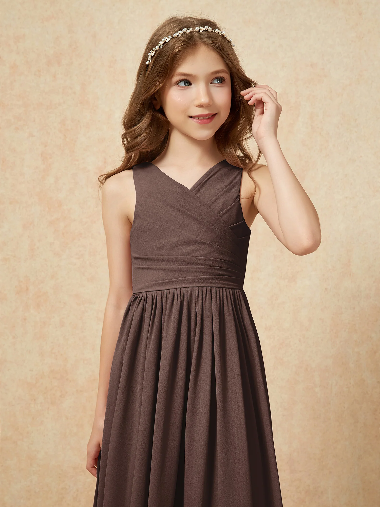 Pleated V-neck Chiffon Long Junior Bridesmaid Dresses Chocolate - Image 6