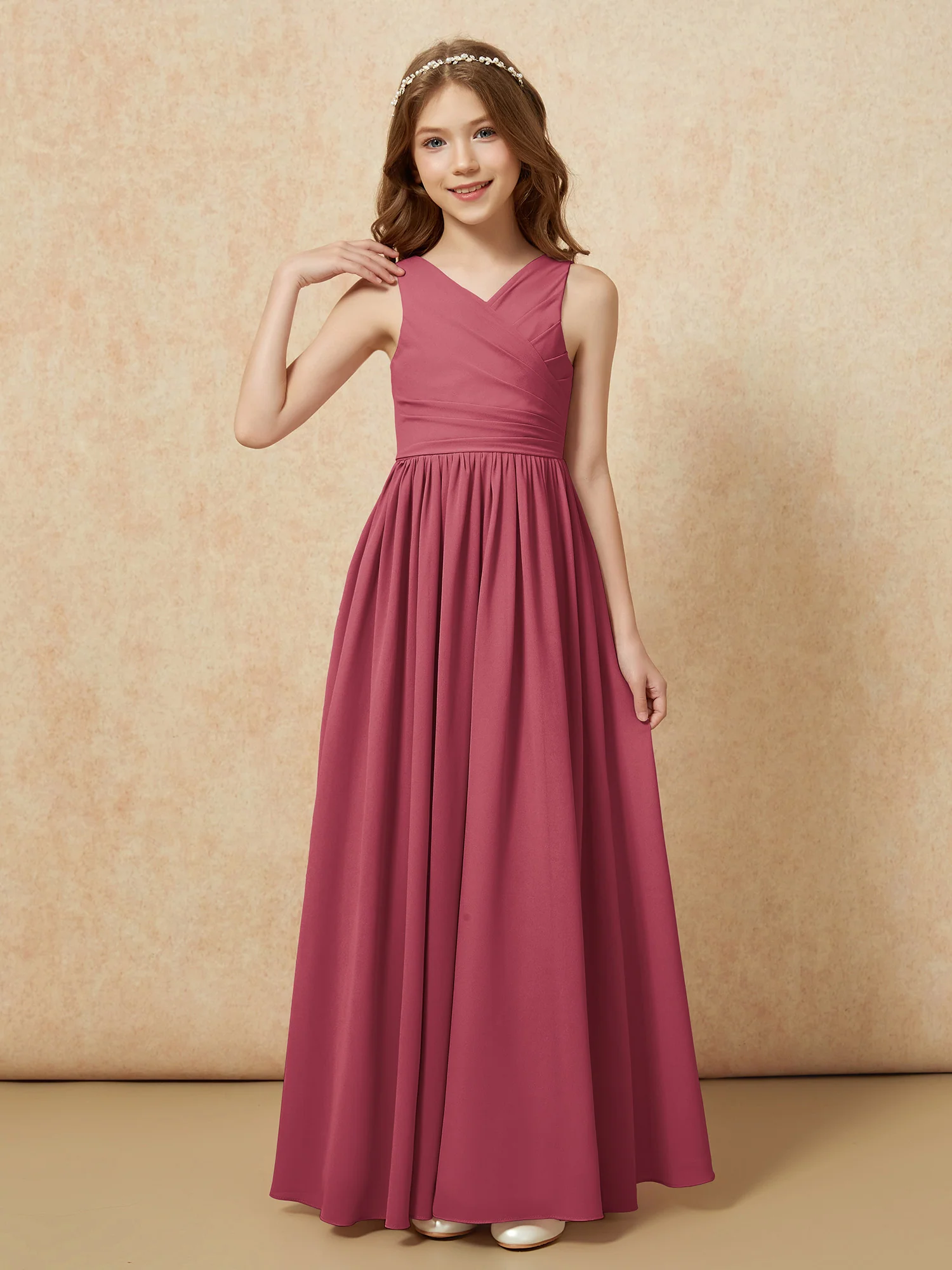 Pleated V-neck Chiffon Long Junior Bridesmaid Dresses Cinnamon Rose