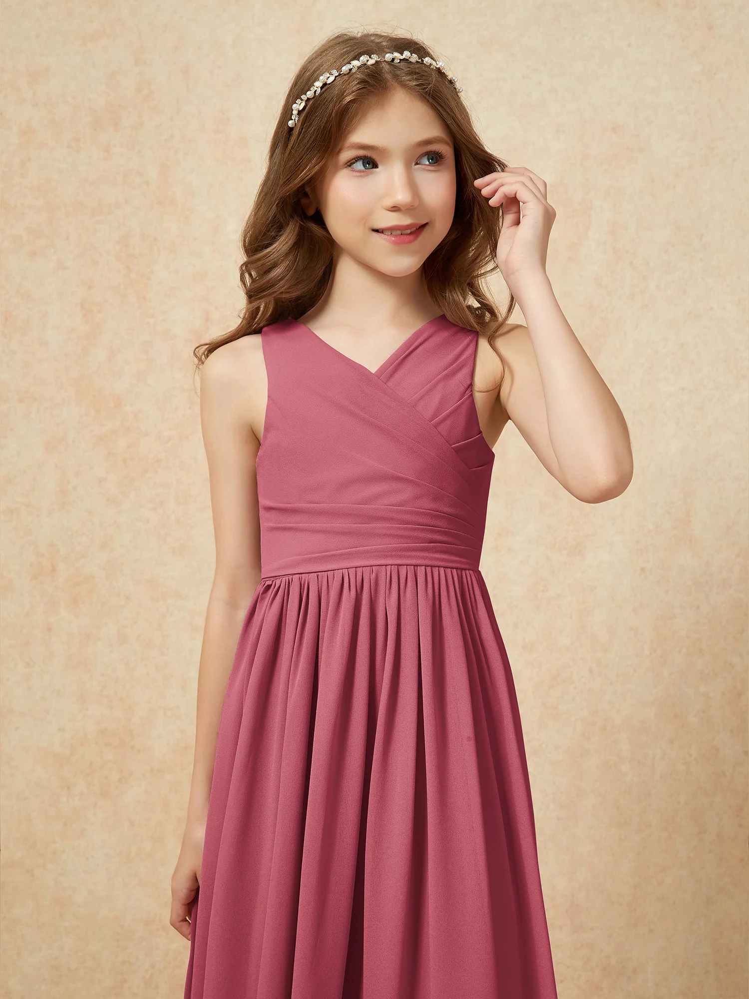 Pleated V-neck Chiffon Long Junior Bridesmaid Dresses Cinnamon Rose - Image 6