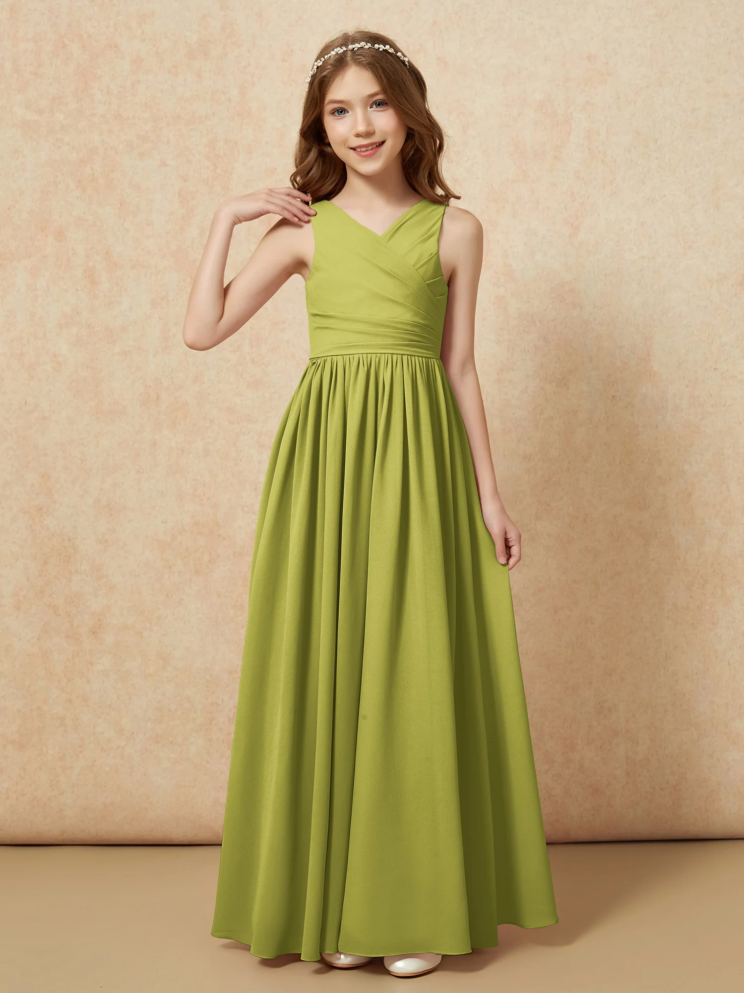 Pleated V-neck Chiffon Long Junior Bridesmaid Dresses Clover