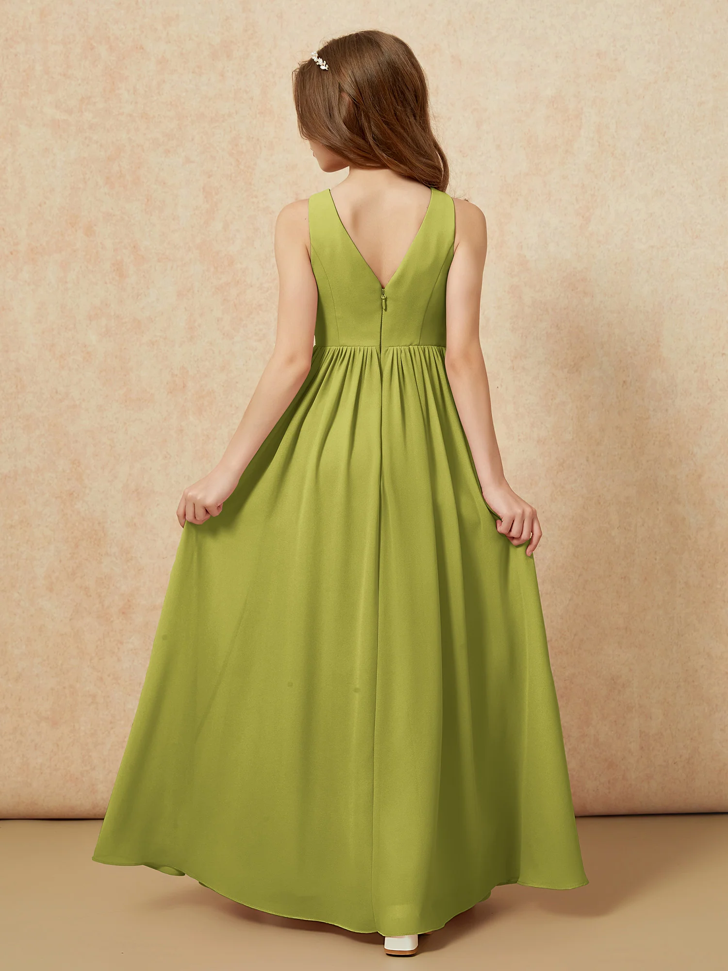 Pleated V-neck Chiffon Long Junior Bridesmaid Dresses Clover - Image 2
